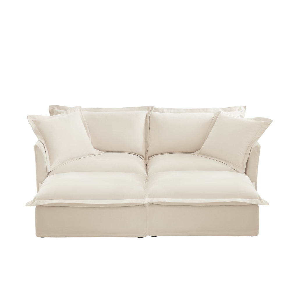 Slipcovered Sofa 2 Seater Sofa    With 2 Ottomans, 2 Seater Sleeper Sofa Bed Home Theater Oversized Sofa For Living Room, Chenille, Cream