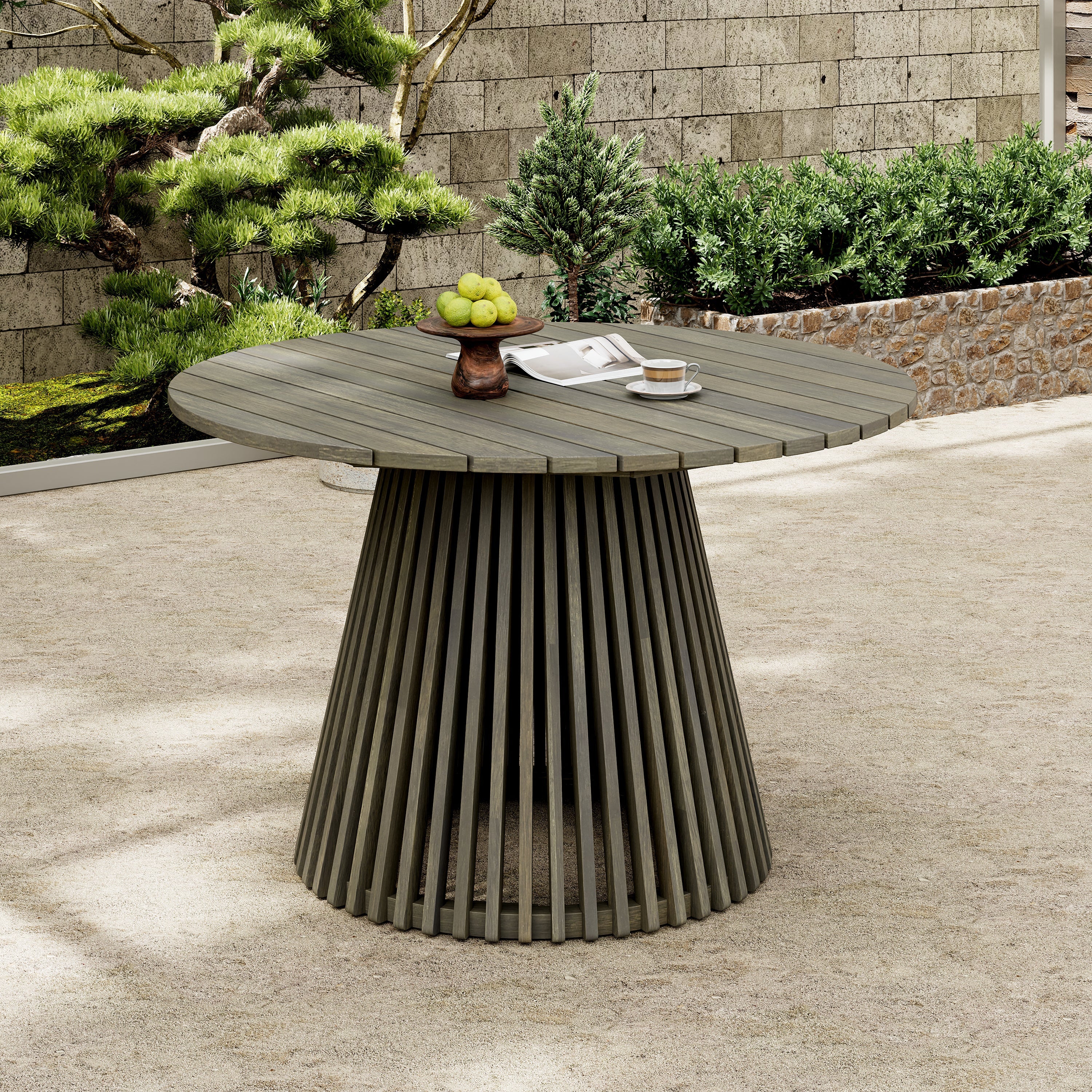 Outdoor Acacia Wood Patio Dining Table, 47.25-inch extra-large round dining table,for Backyard, Lawn, Balcony,Grey Finish