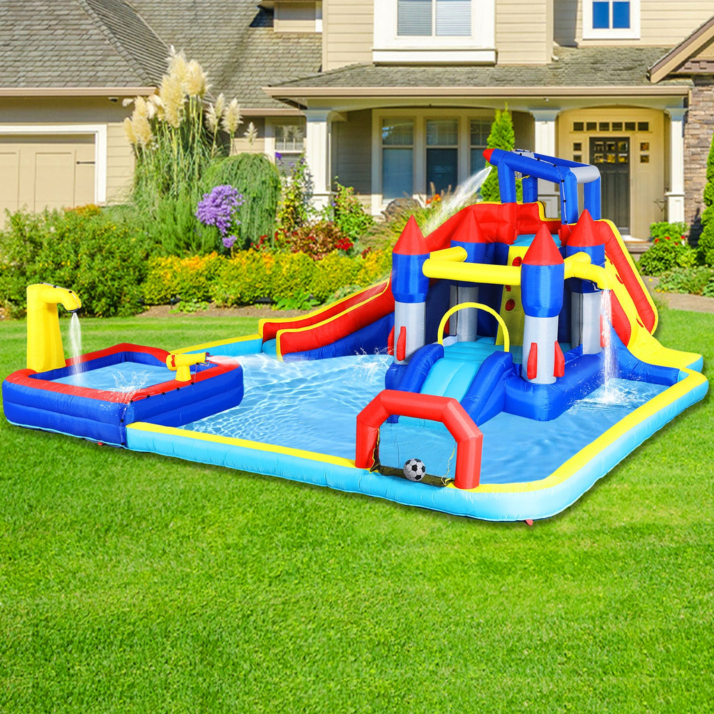 Inflatable 10 in1 slide water park  bouncing house garden with splash pool & water gun & basketball & climbing wall & dual pools & soccer