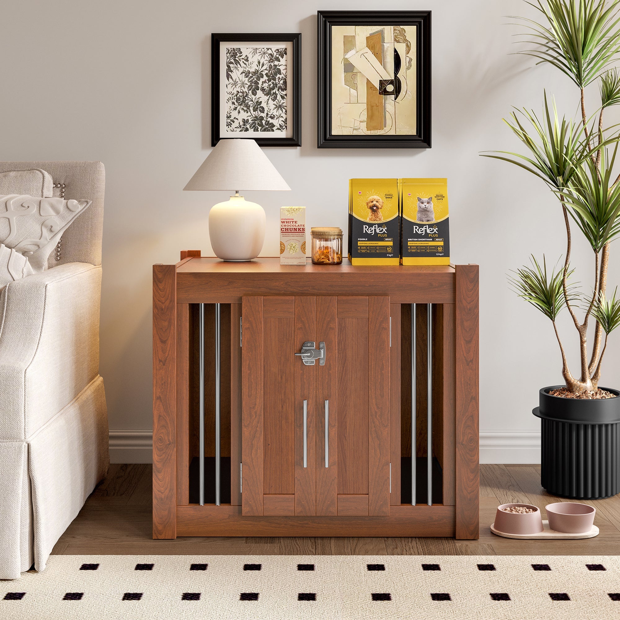 30.25'L, 2 in 1 Dog Crate with Padded Seat, Sliding Barn Door, Luxury Wooden Dog Kennel, End of Bed Bench Ottoman with Removable Cushion for Bedroom, Living Room, Walnut