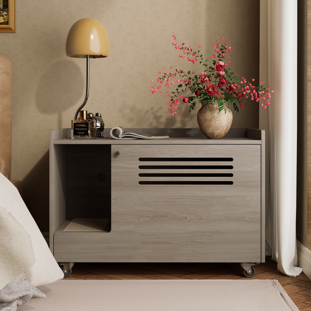 Gray Cat Litter Box Enclosure,Hidden Litter Box Furniture with top side fence,Wooden Pet House Side End Table, Storage Cabinet Bench for Living Room,,Bedroom, Fit Most of Litter Box