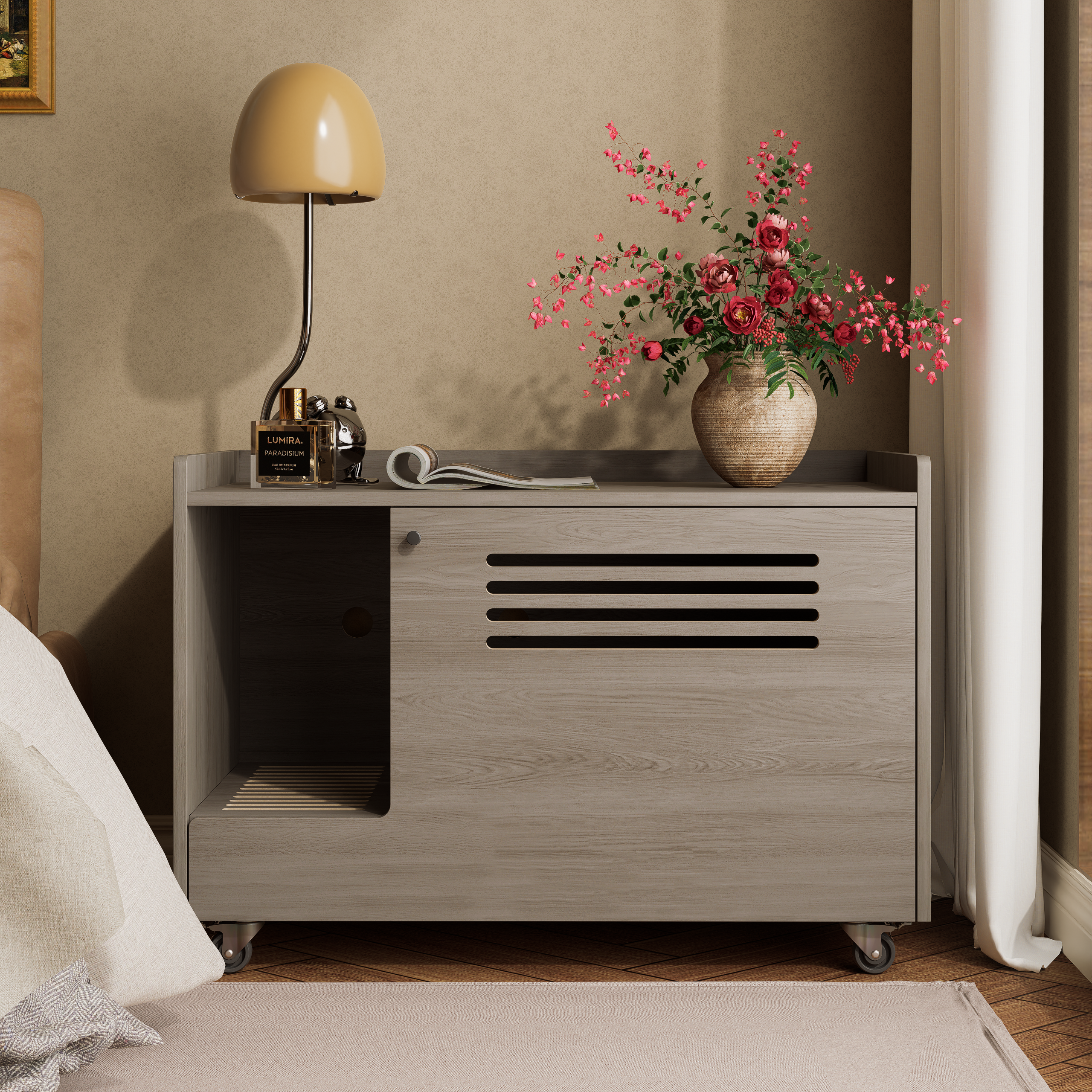 Gray Cat Litter Box Enclosure,Hidden Litter Box Furniture with top side fence,Wooden Pet House Side End Table, Storage Cabinet Bench for Living Room,,Bedroom, Fit Most of Litter Box