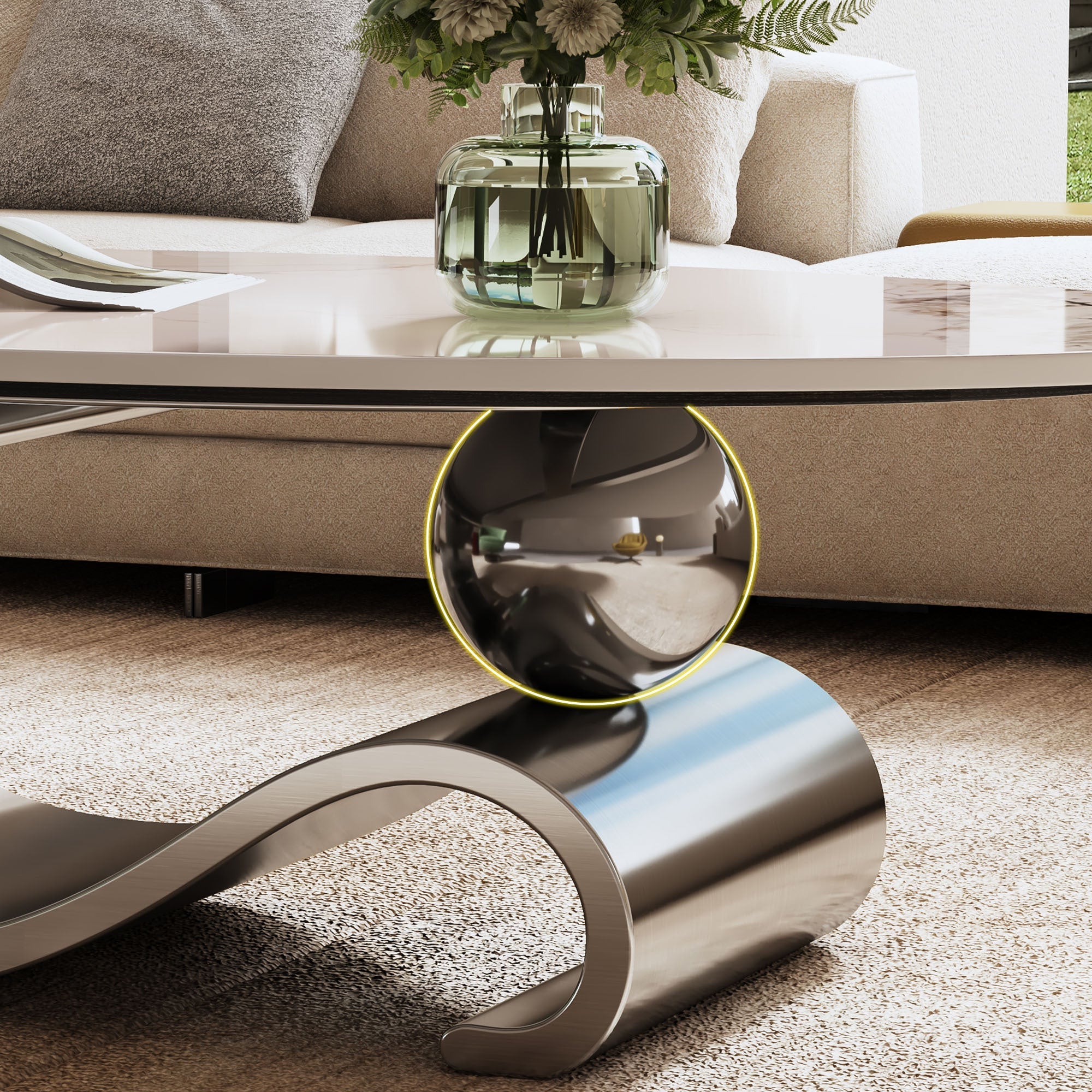 49.2' Faux Marble Oval Coffee Table, Contemporary Gray Stainless Steel Base, Modern Center Table for Living Room