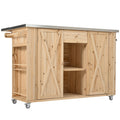 Outdoor Kitchen Island Fir Wood Kitchen Island with Stainless Steel Top, Ample Storage Space, Towel and Spice Racks, Bottle Opener, Natural