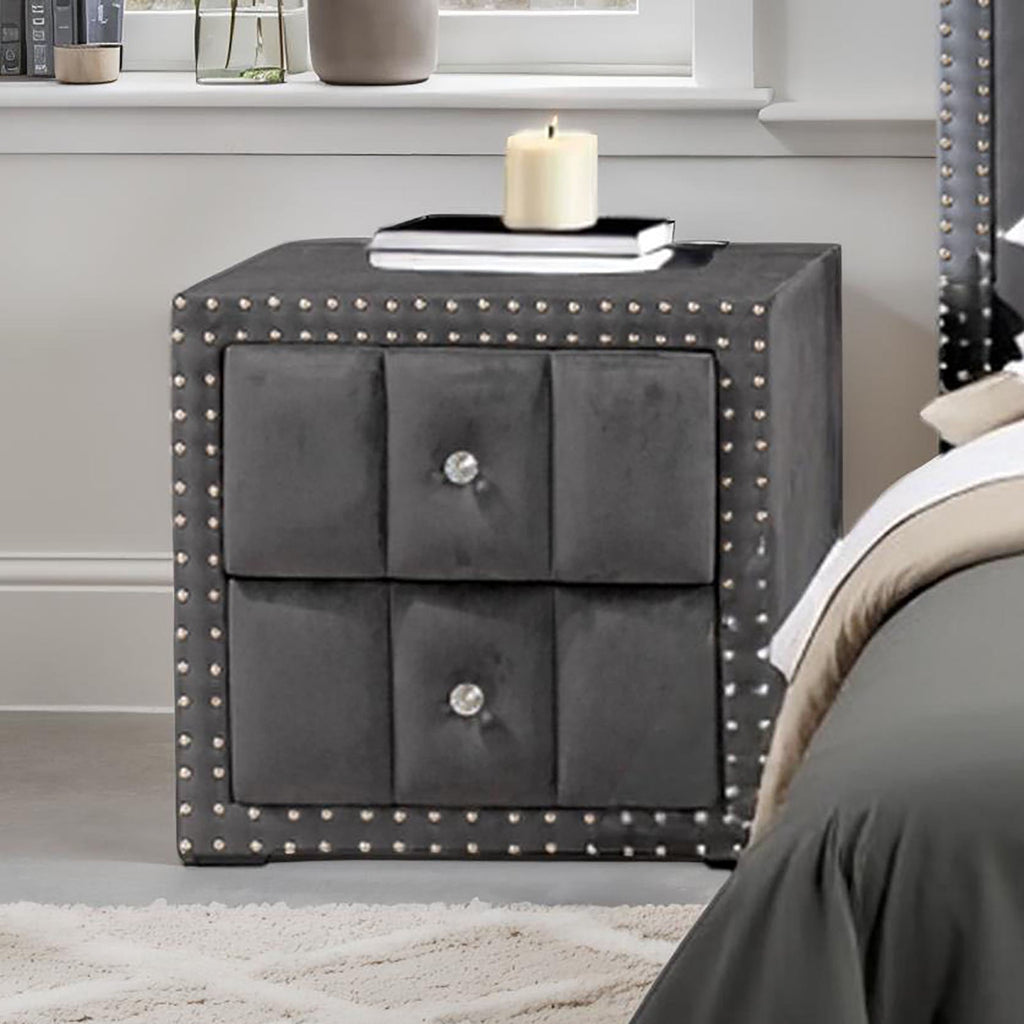 Contemporary 3pc Bedroom Set Queen Size Bed 2x Nightstands Bedroom Furniture Dark Gray Fabric Upholstered Bedframe w LED Nailhead Trim