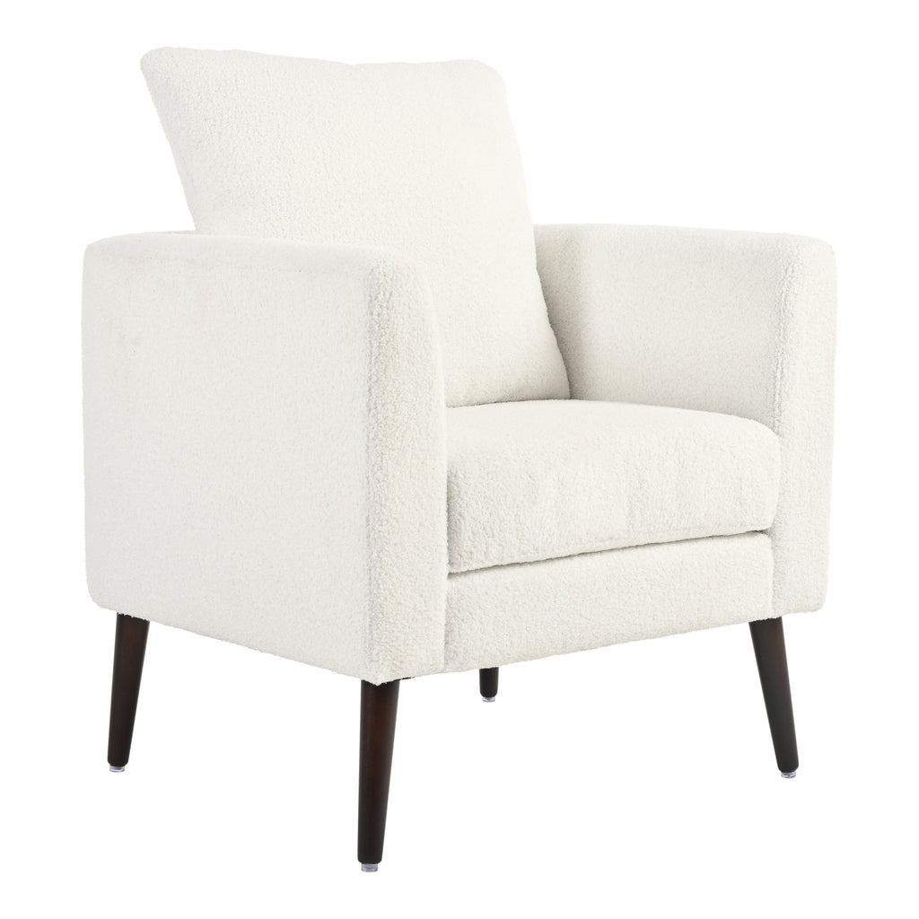 Modern Teddy Fabric Accent Chair - Mid-Century Upholstered Armchair with Pillow and Wood Legs for Living Room, Bedroom, or Reception Room - White