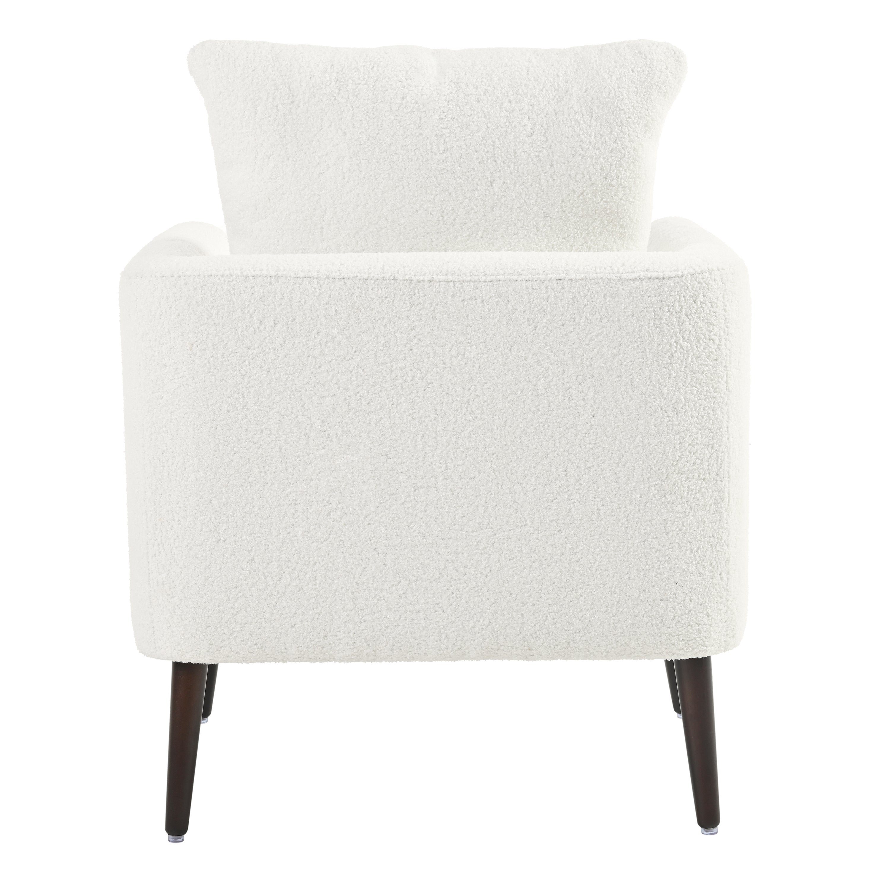 Modern Teddy Fabric Accent Chair - Mid-Century Upholstered Armchair with Pillow and Wood Legs for Living Room, Bedroom, or Reception Room - White