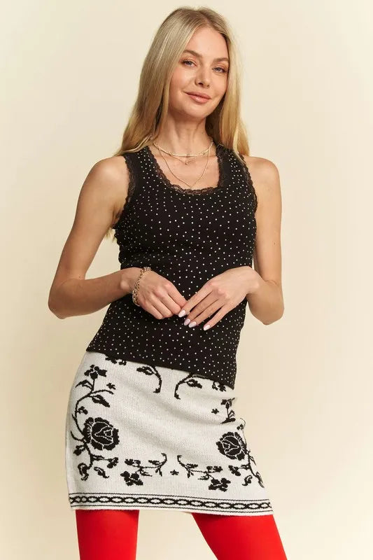 Davi & Dani Rhinestone Lace Trim Detail Tank