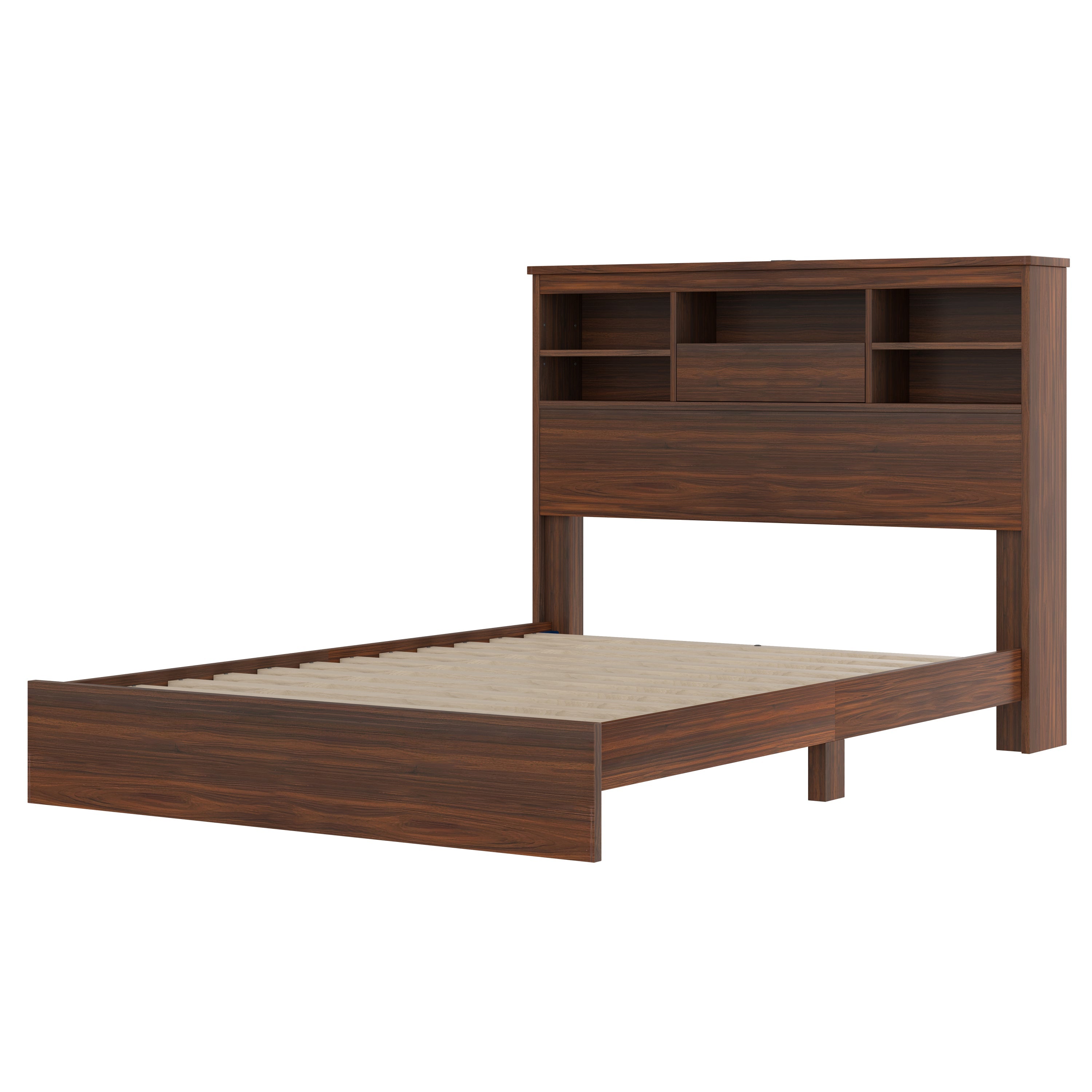 4PCS Bedroom Sets, Wooden Queen Size Bed Frame with Storage Headboard and Charging Station, 2 Nightstands with 2 Drawers, 1 Dresser with 5 Drawers, Walnut(old SKU HL000102AAD)