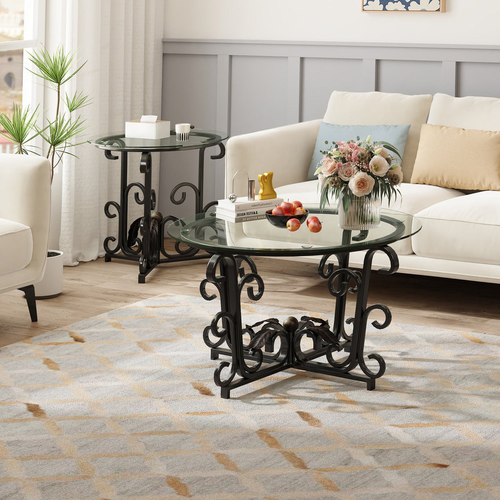 3-Piece Coffee Table Set, Tempered Glass Surface with Sturdy Metal Frame - Modern Living Room Sets (1 Coffee Table + 2 End Tables), Scratch-Resistant & Easy to Clean for Small Spaces, Apartments