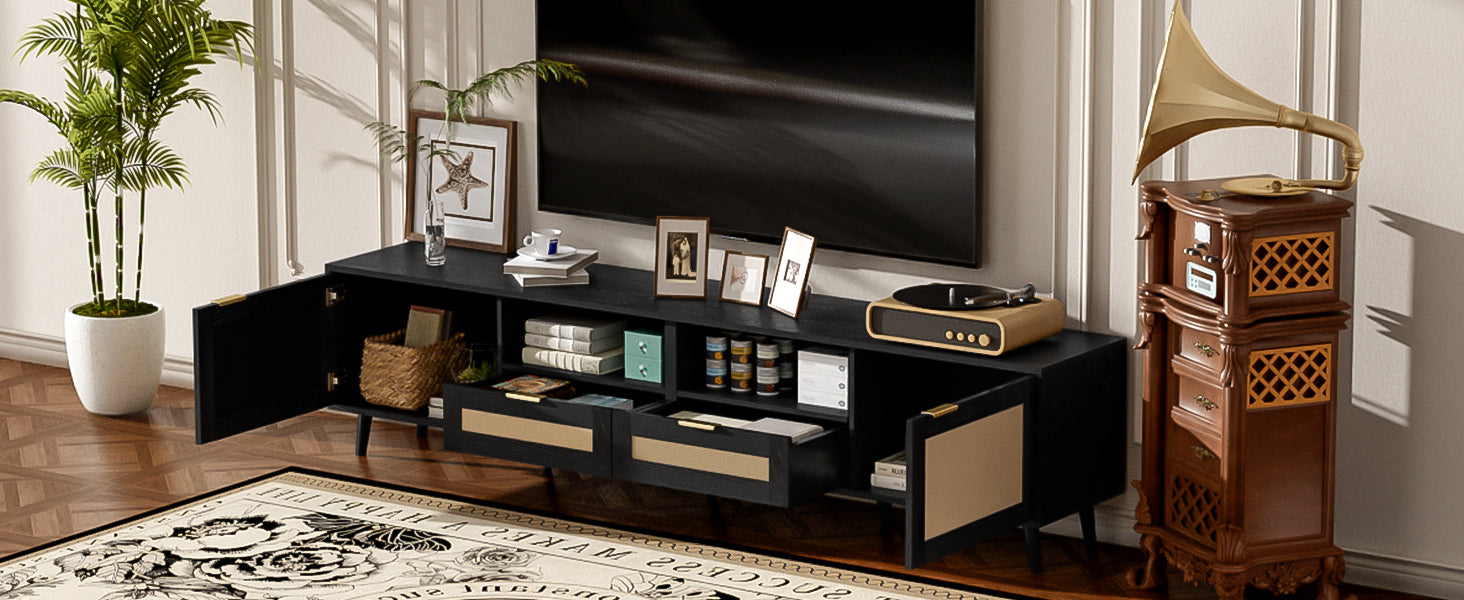 Rattan TV Stand for TVs up to 85'', Modern Farmhouse Media Console, Entertainment Center with Solid Wood Legs, TV Cabinet for Living Room,Home Theatre