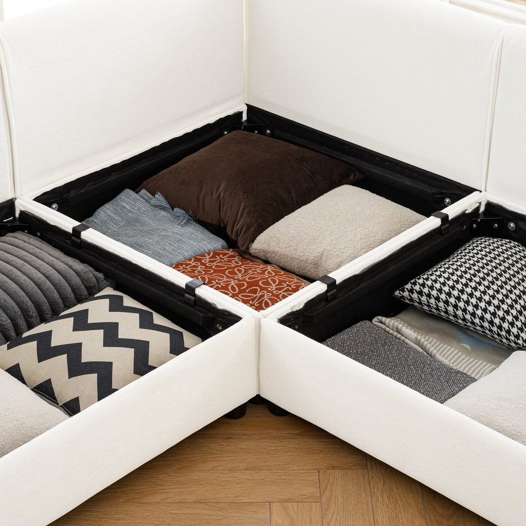 Elegant White Chenille  Sofa with Storage Seat and Ottoman, U-Shaped 3-Seater Cylindrical Backrest and Armrests, Contemporary 3-Seater Fabric Couch with Hidden Storage Compartment