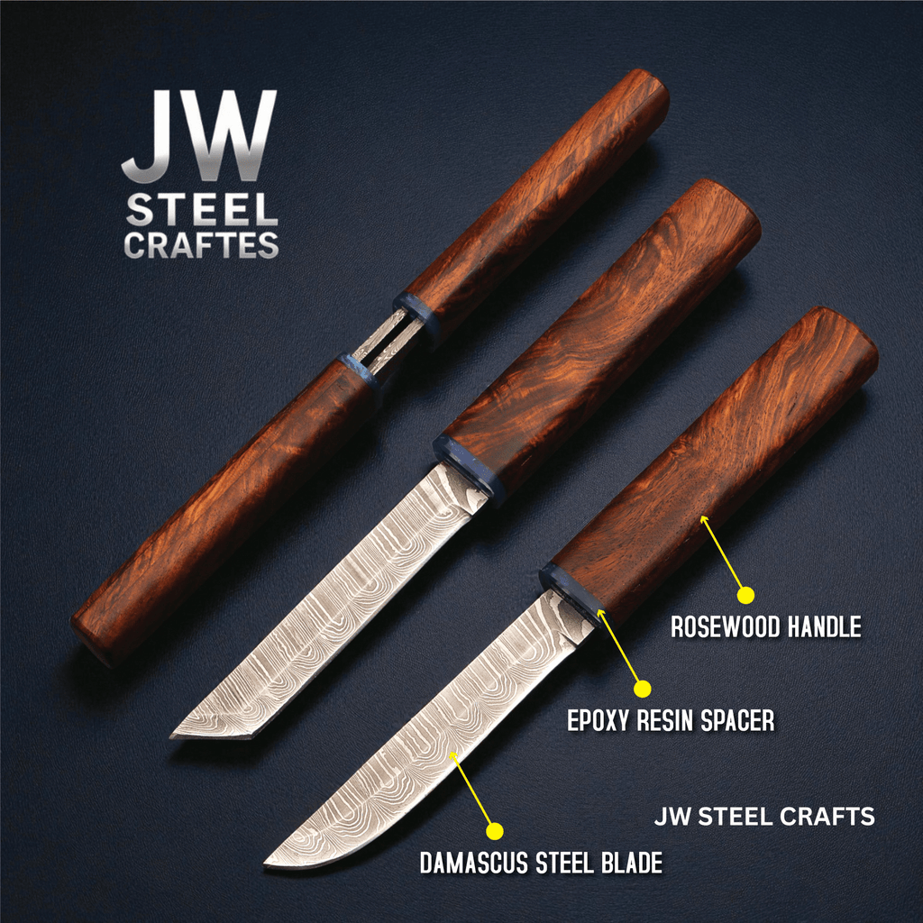 3-Piece Handmade Knife Set — 5-Inch Damascus Utility Blades with Rosewood Handles & Interlocking Scabbard