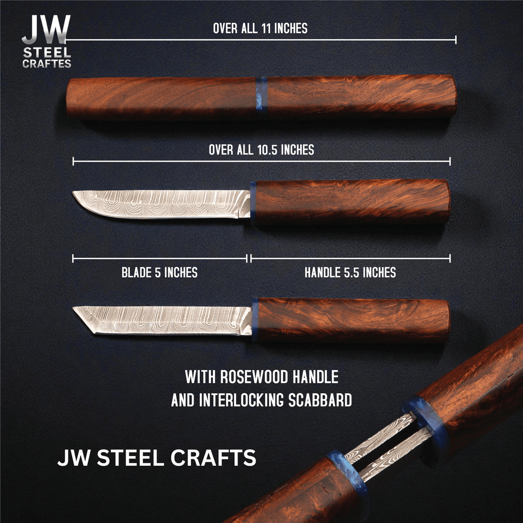 3-Piece Handmade Knife Set — 5-Inch Damascus Utility Blades with Rosewood Handles & Interlocking Scabbard