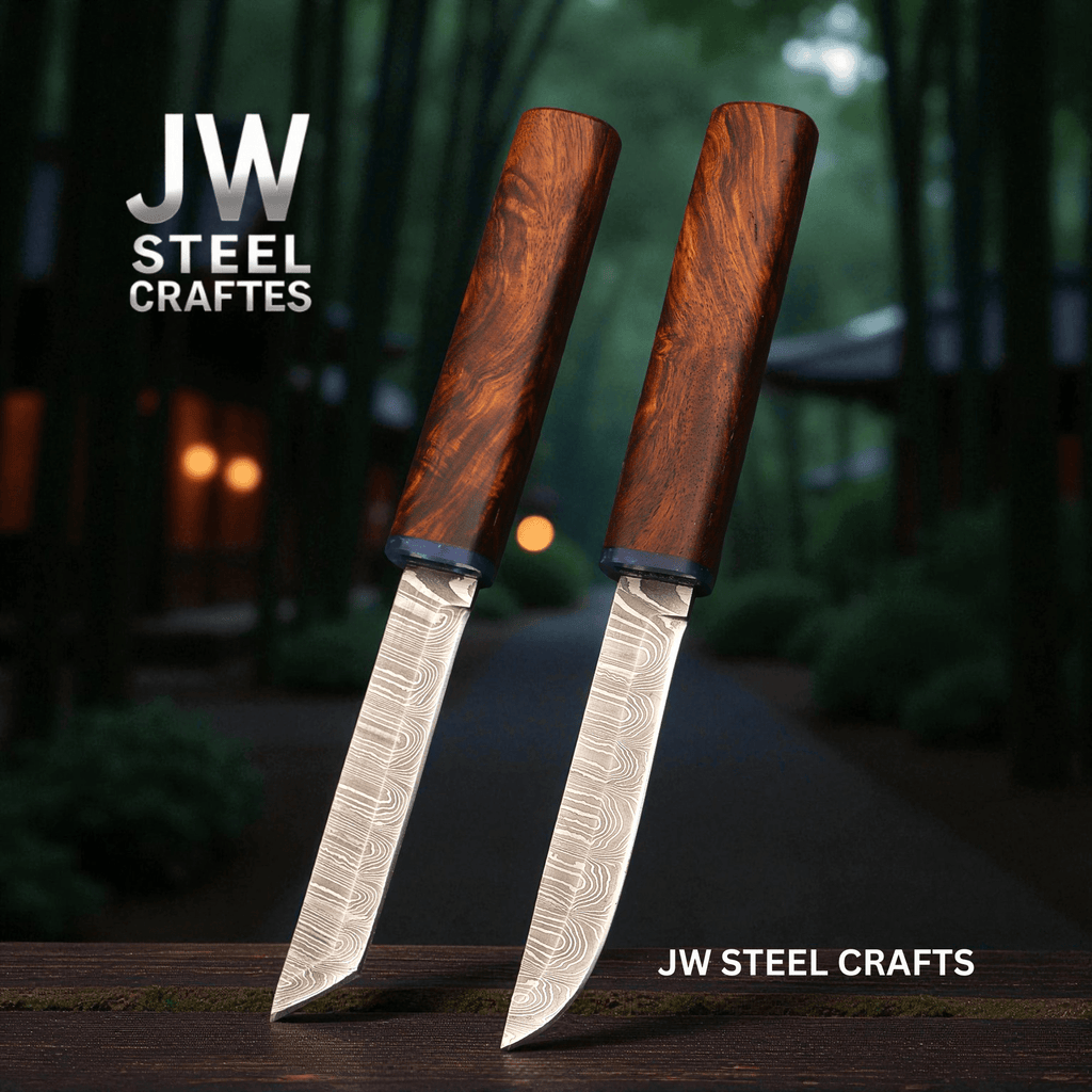 3-Piece Handmade Knife Set — 5-Inch Damascus Utility Blades with Rosewood Handles & Interlocking Scabbard