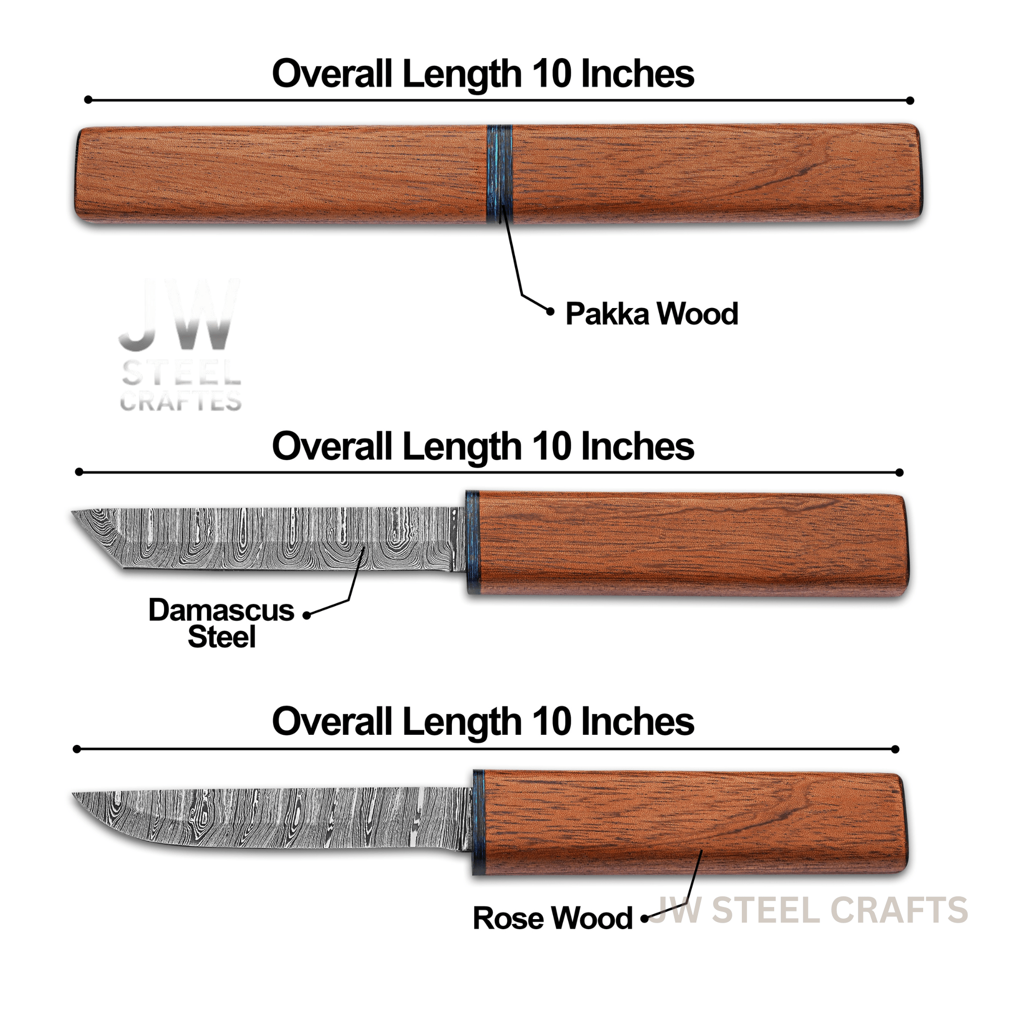 3-Piece Handmade Knife Set — 5-Inch Damascus Utility Blades with Rosewood Handles & Interlocking Scabbard