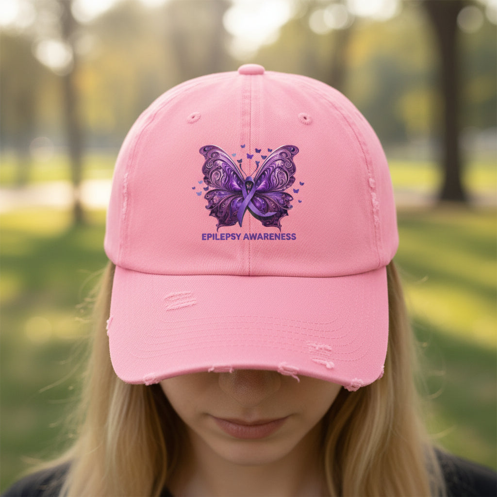 Epilepsy Awareness Butterfly Distressed Hat – Purple Ribbon Awareness Cap