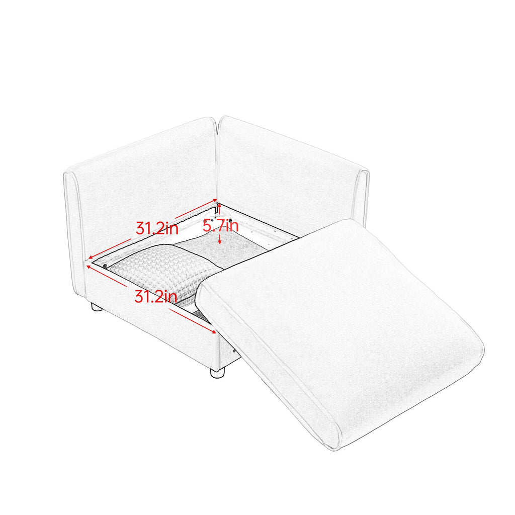 Elegant White Chenille  Sofa with Storage Seat and Ottoman, U-Shaped 3-Seater Cylindrical Backrest and Armrests, Contemporary 3-Seater Fabric Couch with Hidden Storage Compartment