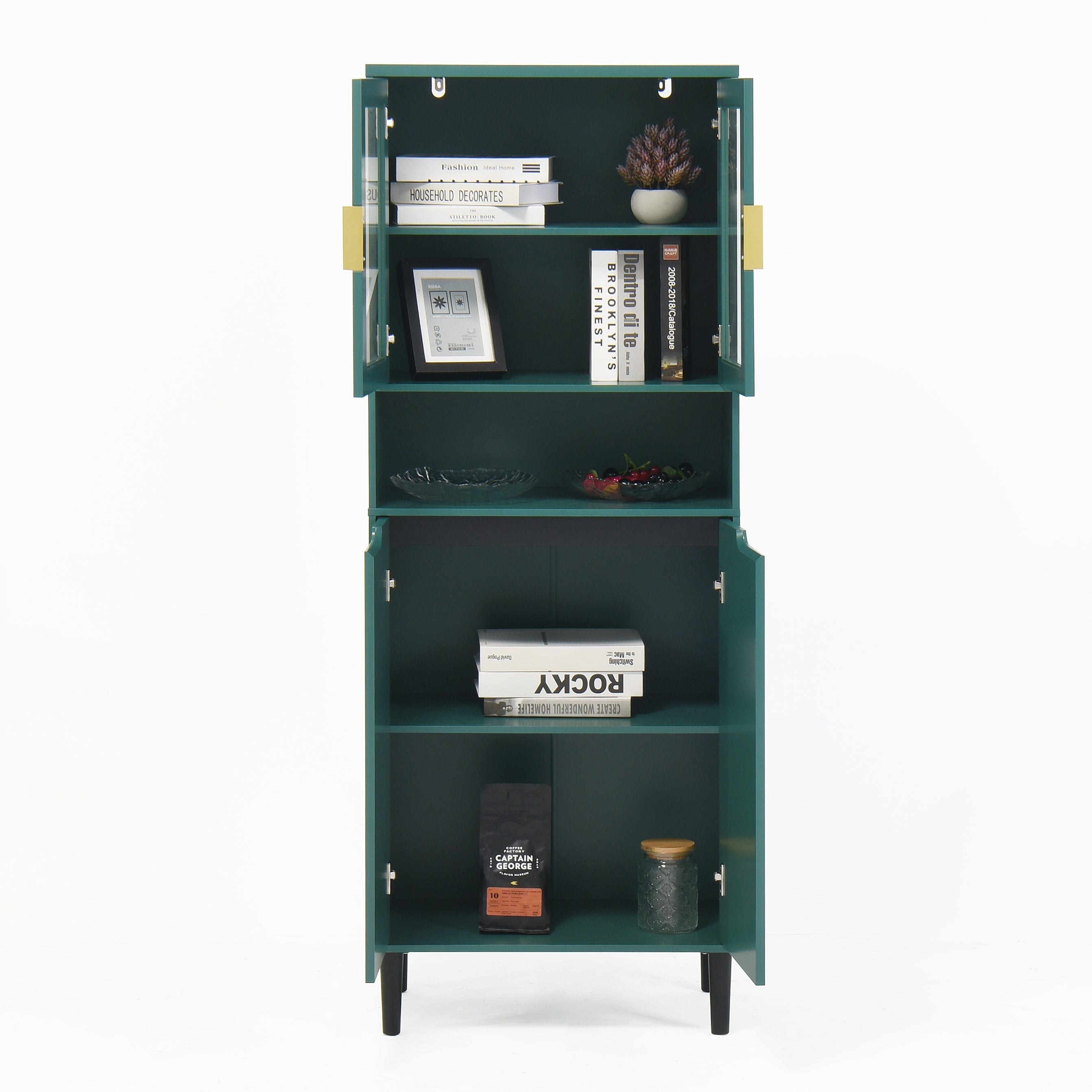 Tall Storage Bookcase with 2 Glass Display Door & 2 Doors, Tall Kitchen Pantry Cabinet with Gold Handles, Modern Cabinet Freestanding Living Room Green