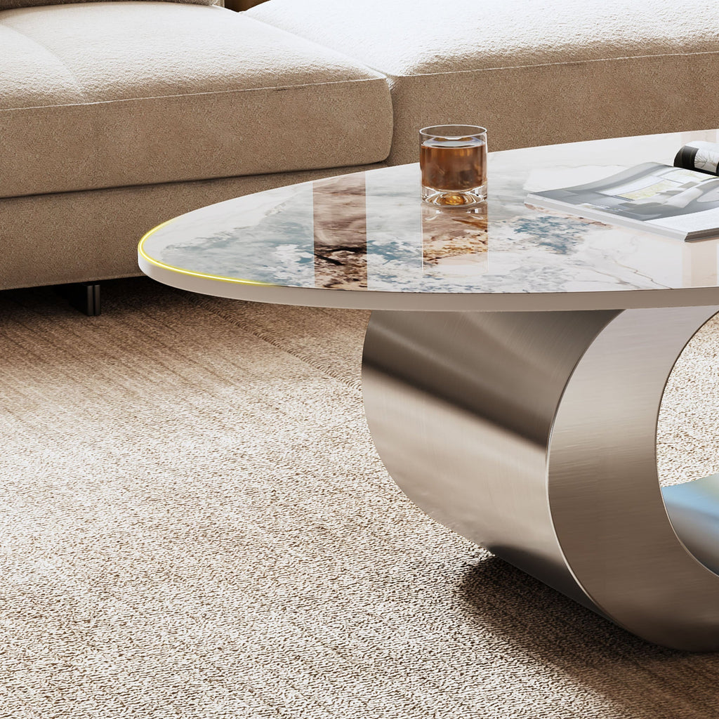 49.2' Faux Marble Oval Coffee Table, Contemporary Gray Stainless Steel Base, Modern Center Table for Living Room