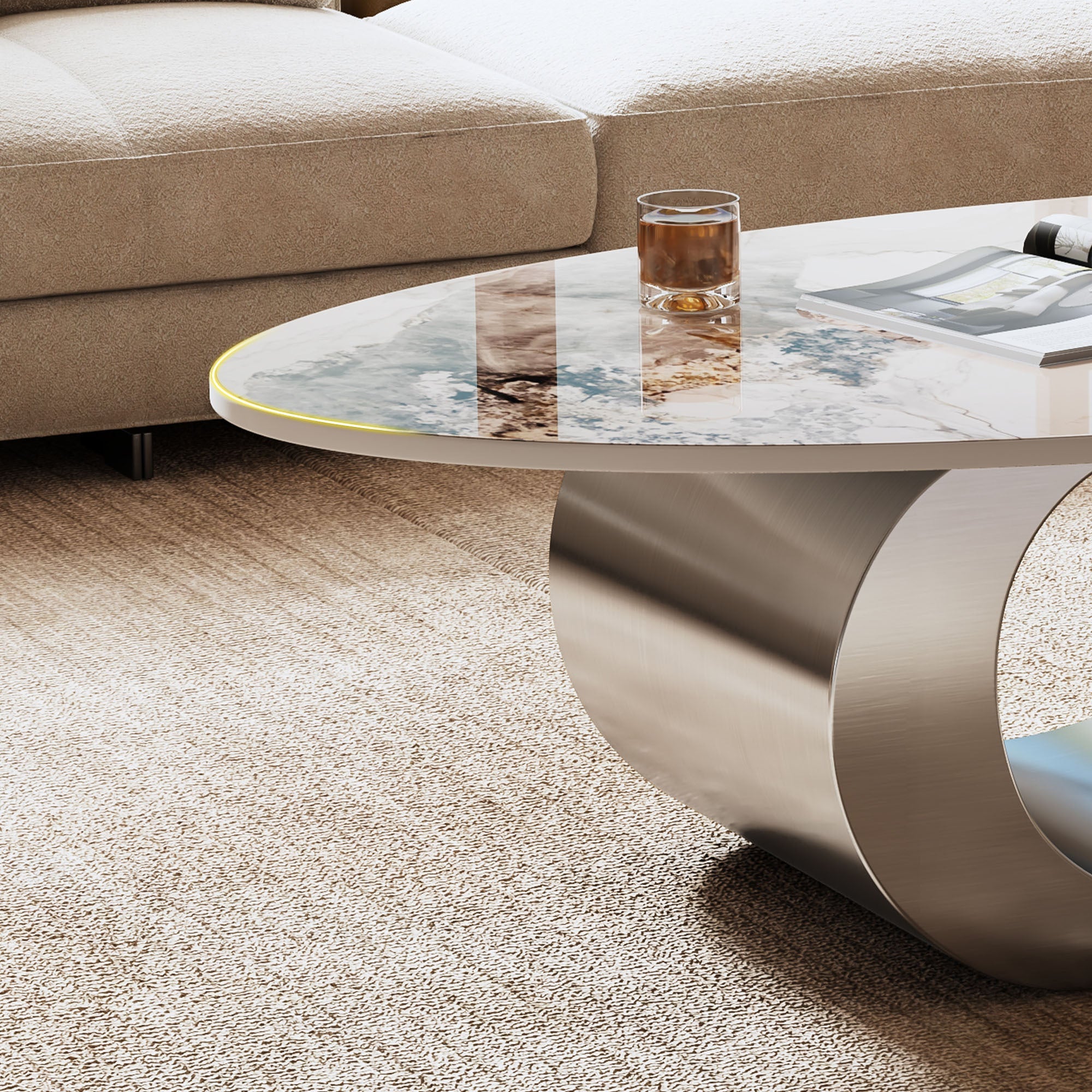 49.2' Faux Marble Oval Coffee Table, Contemporary Gray Stainless Steel Base, Modern Center Table for Living Room