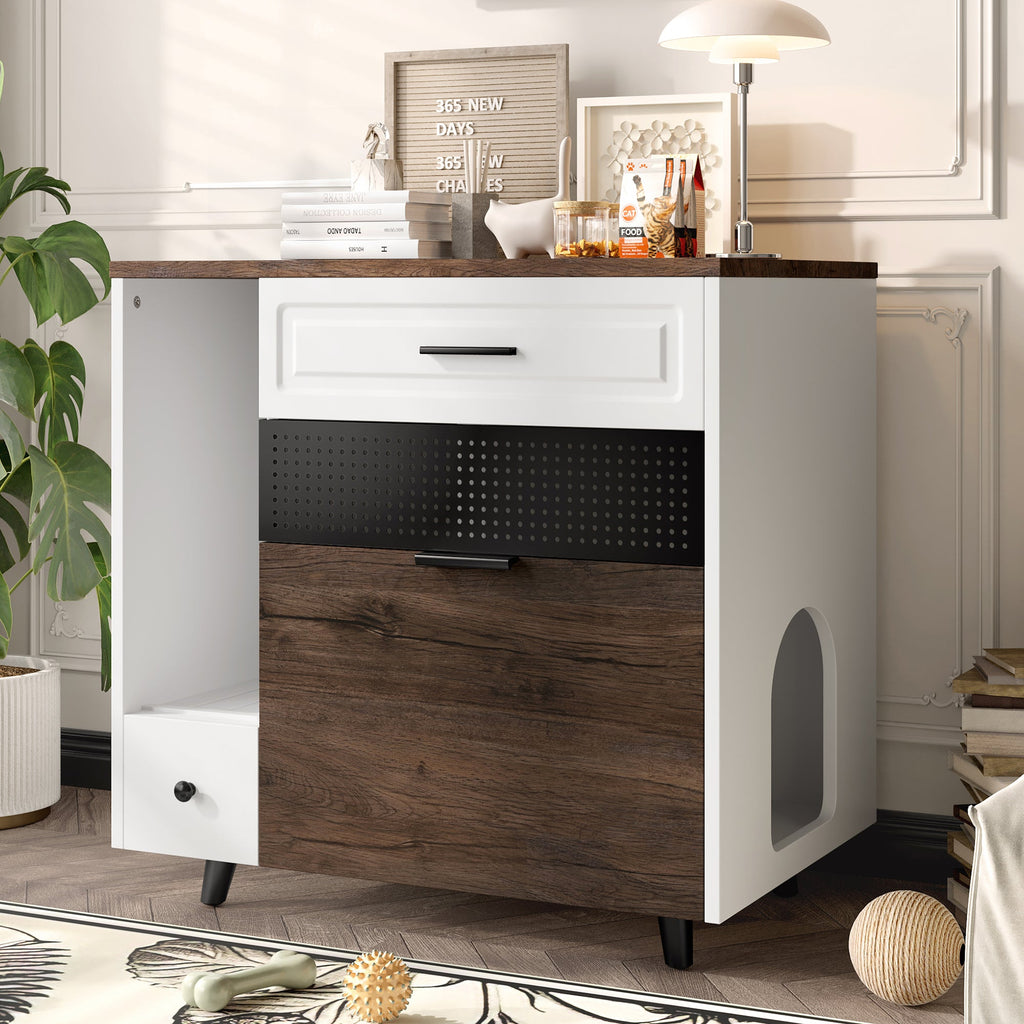 Cat Litter Box Enclosure, Indoor Hidden Cat Litter Box Furniture with 2 Drawers and Door, Cat House End Table for Living room, White and Brown