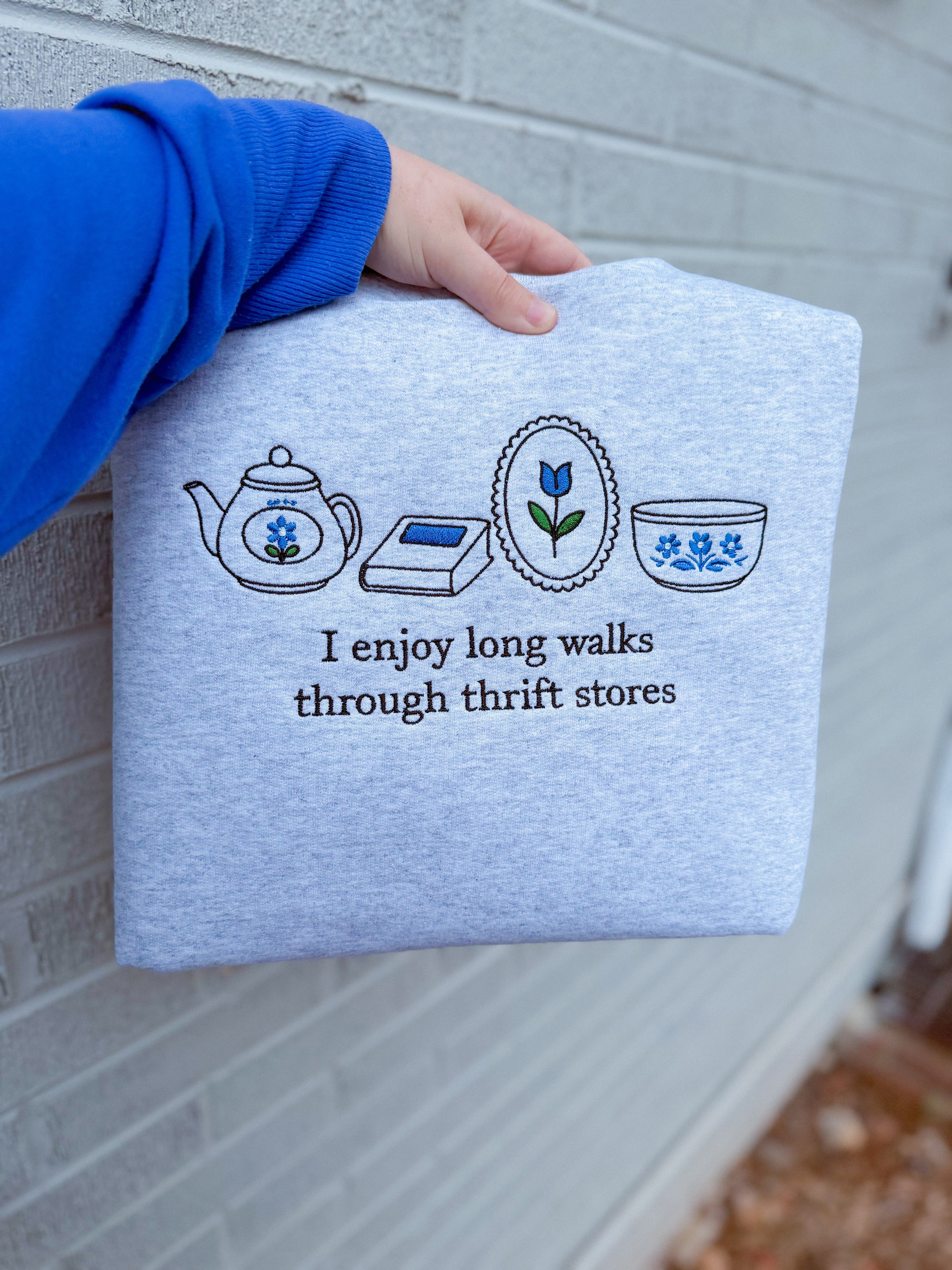 I enjoy long walks through thrift stores embroidered