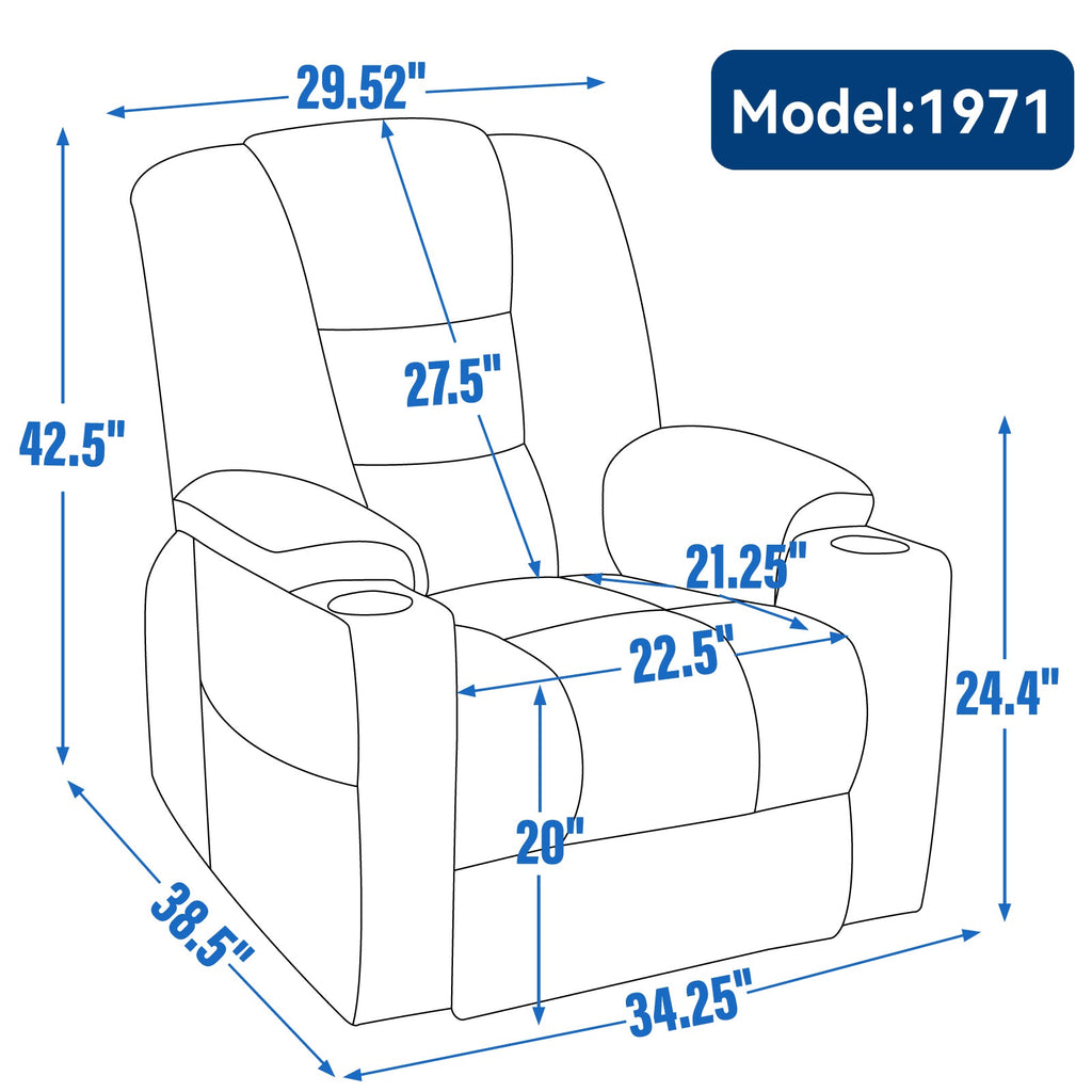Lift Recliner Chair with Massage and Heat for Elderly, Overstuffed Wide Recliners, Heavy Duty Motion Mechanism with USB and Type C Ports, 2 Steel Cup Holders, Blue Grey