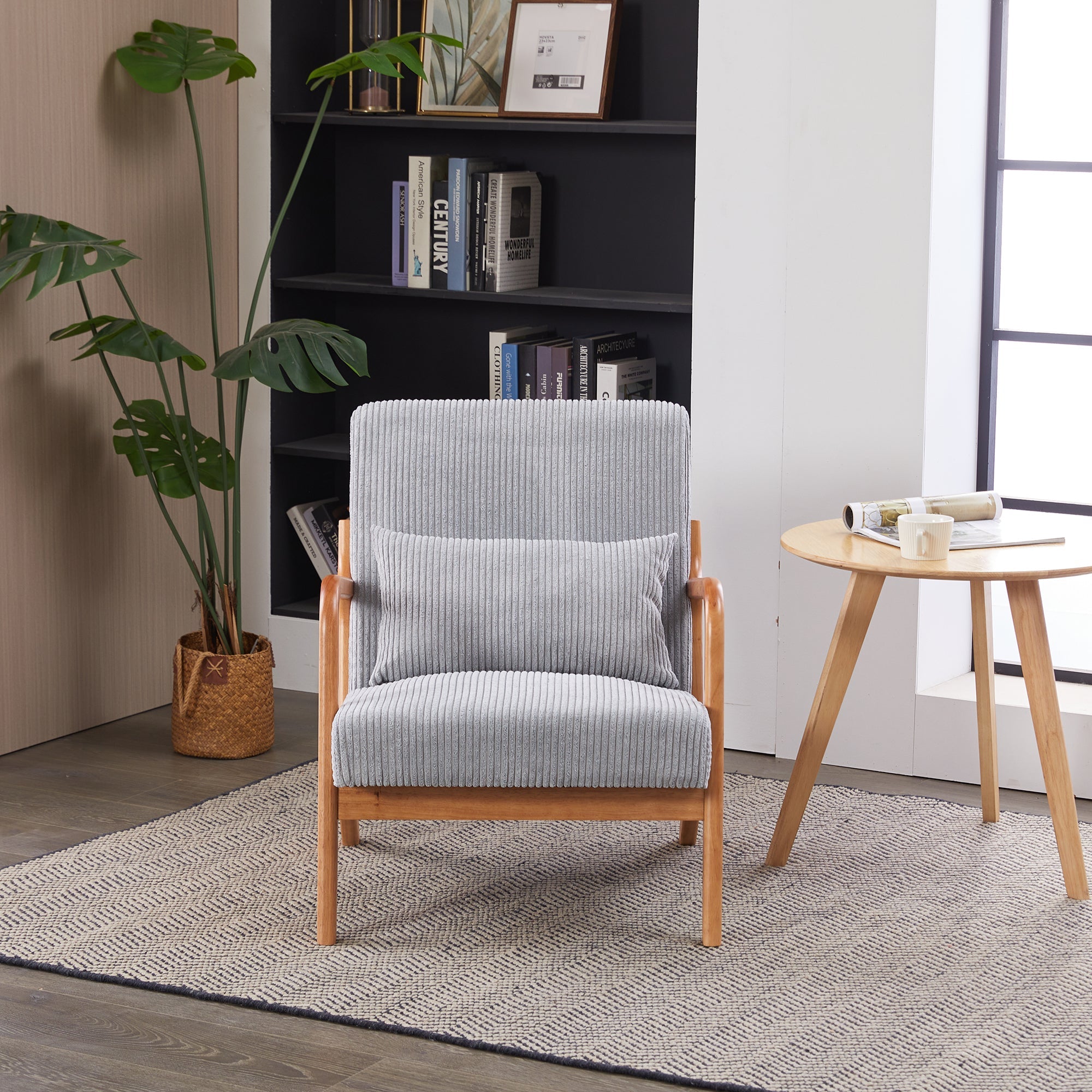Mid-Century Modern Accent Chair with Pillow, Upholstered Arm Chair in Antique Dark Grey, Solid Wood Frame(Antique Dark Grey)