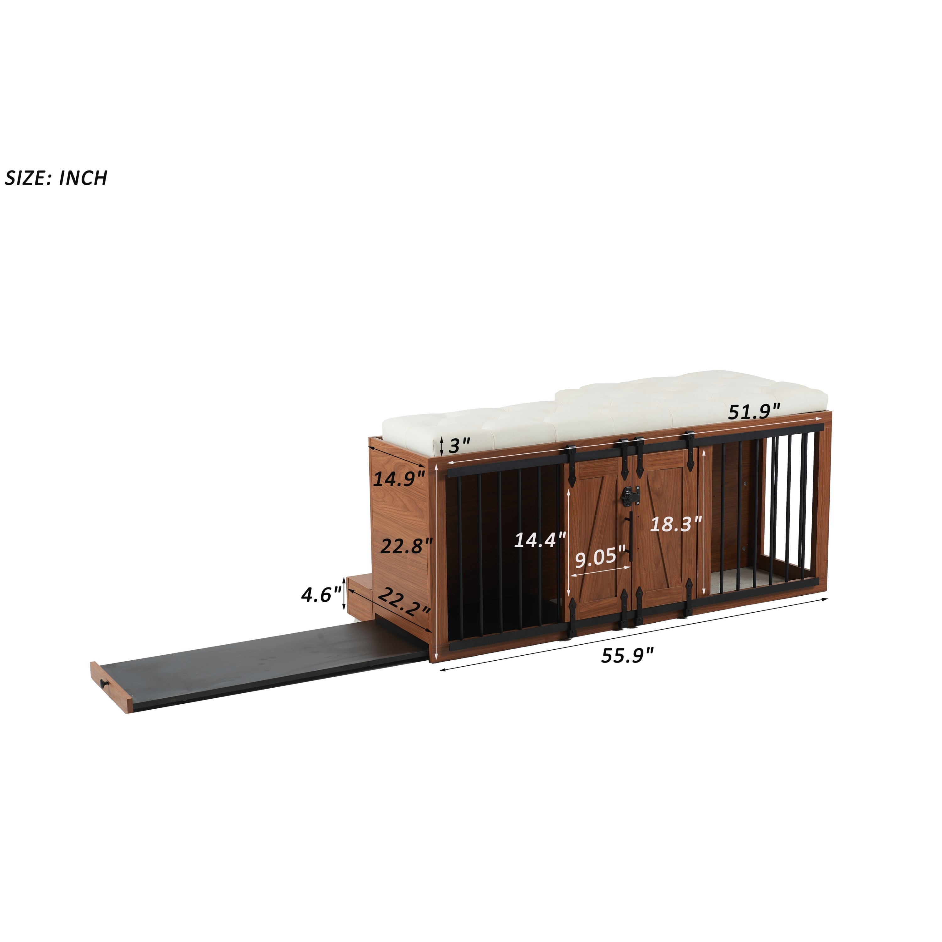 56'L, Furniture Style 2 in 1 Dog Crate with Padded Seat, Sliding Barn Door, Luxury Wooden Dog Kennel, End of Bed Bench Ottoman with Removable Cushion for Bedroom, Living Room, Walnut