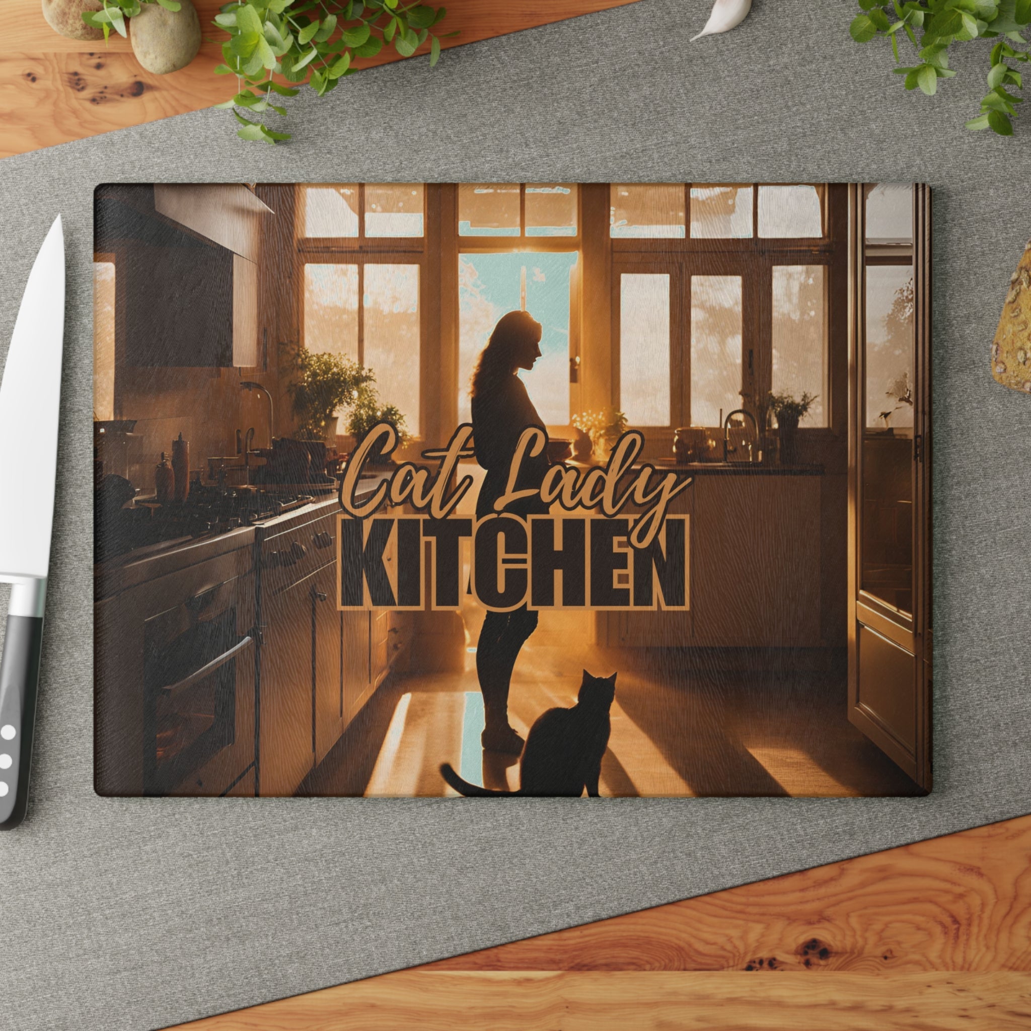 Sunset Cat Lady Kitchen Glass Cutting Board