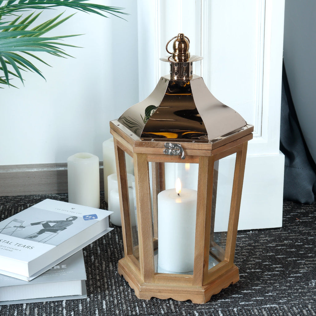 17'' H Wood Metal Hexagon Candle Holder Decorative Hanging Lanterns