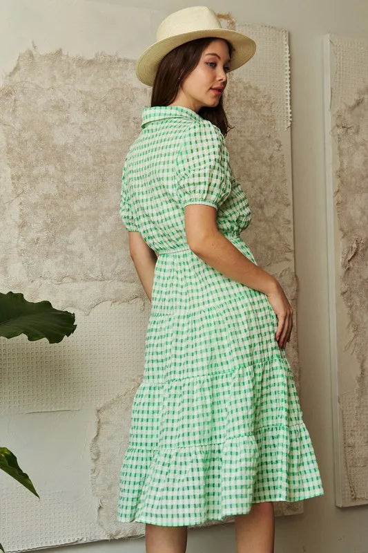 Davi & Dani Checkered Puff Sleeve Tiered Shirt Dress