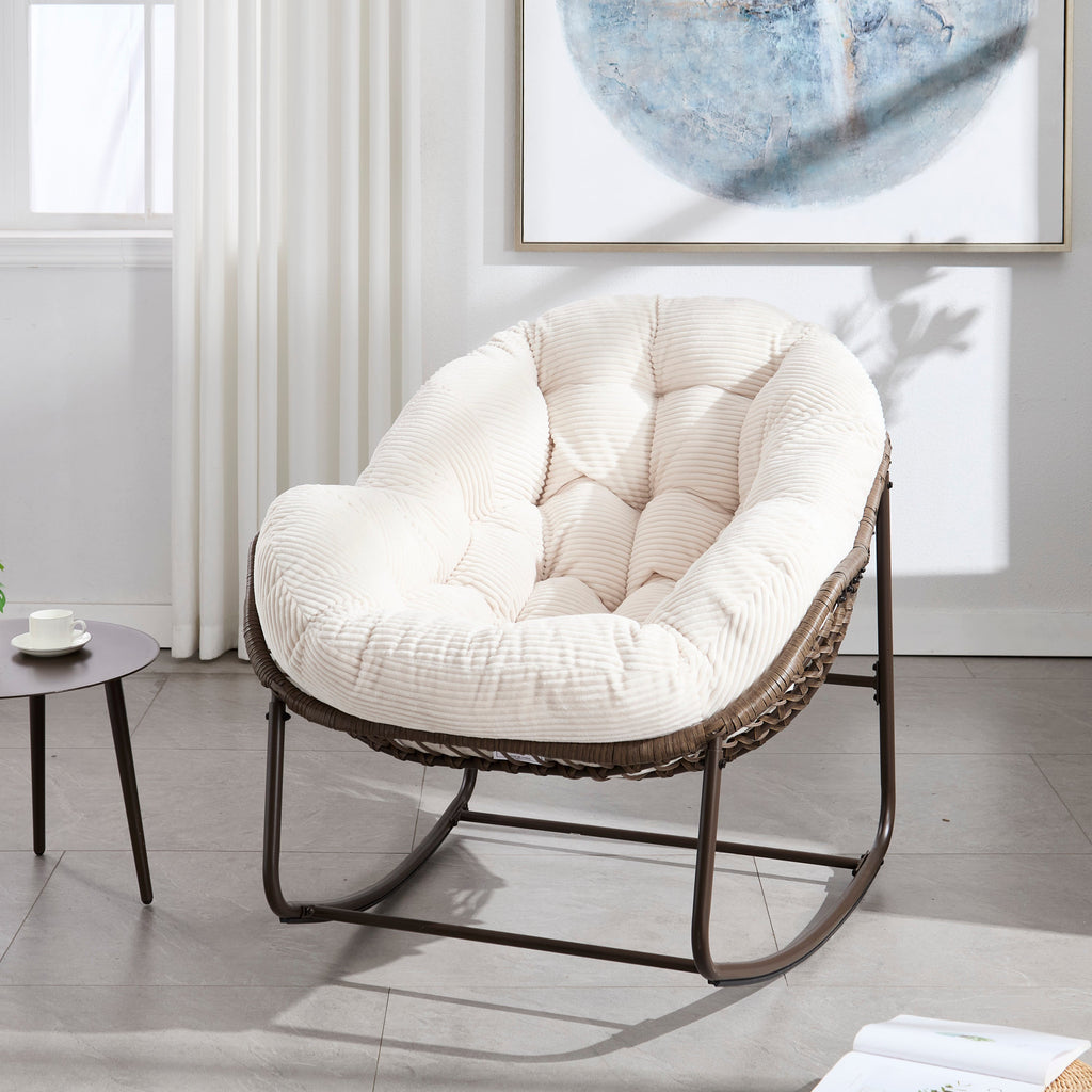 Outdoor Rattan Rocking Chair,Padded Cushion Rocker Recliner Chair Outdoor for Front Porch, Living Room, Patio, Garden, 
White