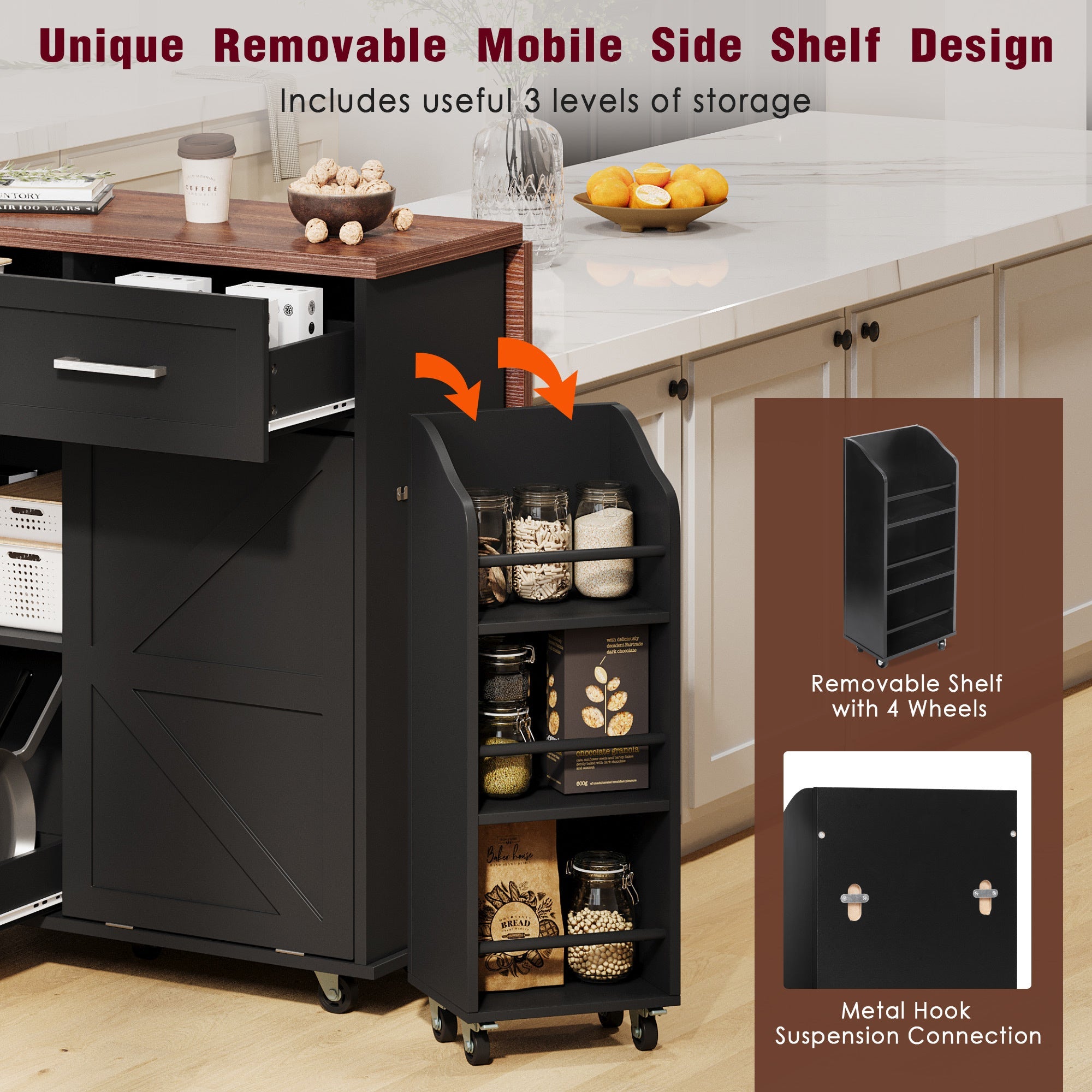 K&K 47.2' Farmhouse Kitchen Island with Drop Leaf, Kitchen Storage Island with Removable Side Racks, Two Drawers, Rolling Kitchen Cart on Wheels with Towel Rack, for Home, Kitchen, Dining Room, Black