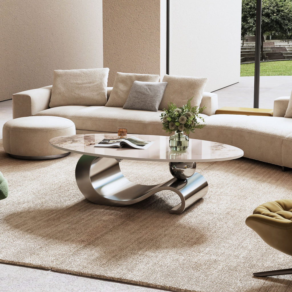 49.2' Faux Marble Oval Coffee Table, Contemporary Gray Stainless Steel Base, Modern Center Table for Living Room