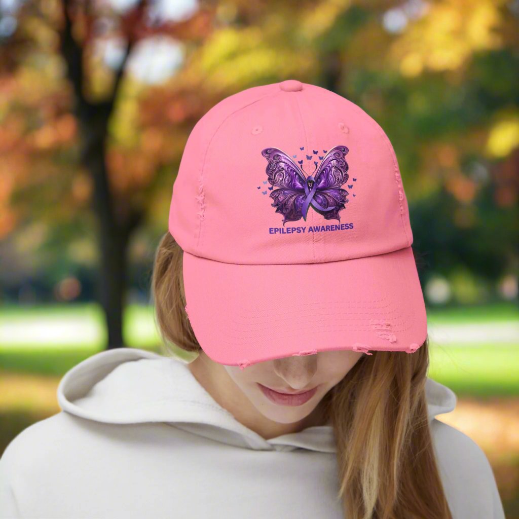 Epilepsy Awareness Butterfly Distressed Hat – Purple Ribbon Awareness Cap