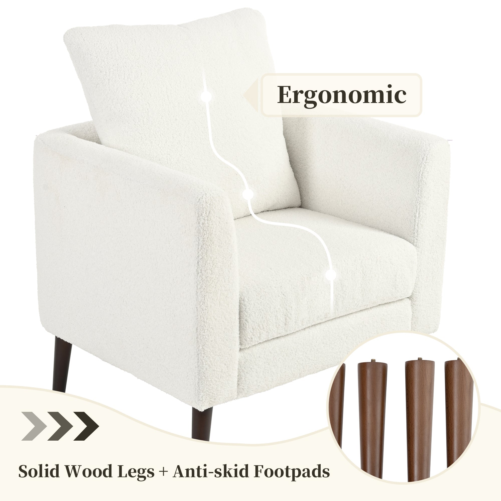 Modern Teddy Fabric Accent Chair - Mid-Century Upholstered Armchair with Pillow and Wood Legs for Living Room, Bedroom, or Reception Room - White