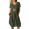 Cotton And Linen Solid Color Loose Round Neck Short Sleeve Dress