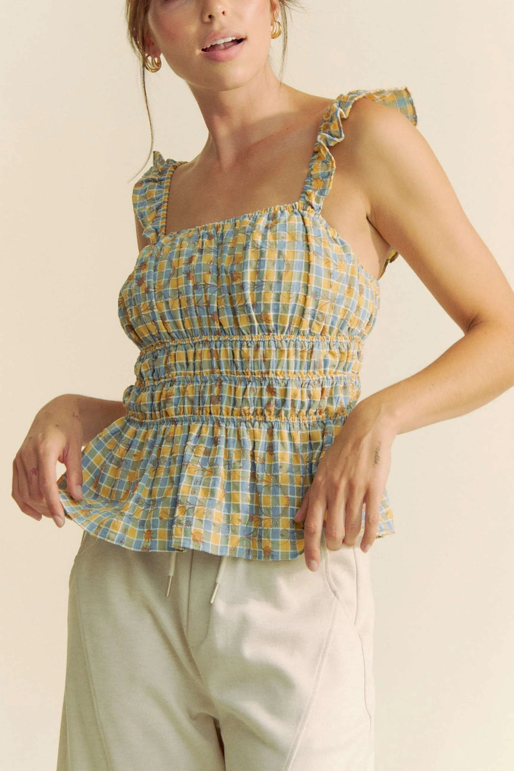 Davi & Dani Plaid Ruffled Strap Smocked Sleeveless Top