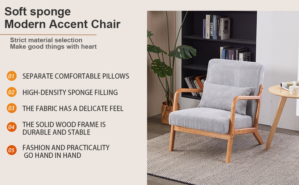 Mid-Century Modern Accent Chair with Pillow, Upholstered Arm Chair in Antique Dark Grey, Solid Wood Frame(Antique Dark Grey)
