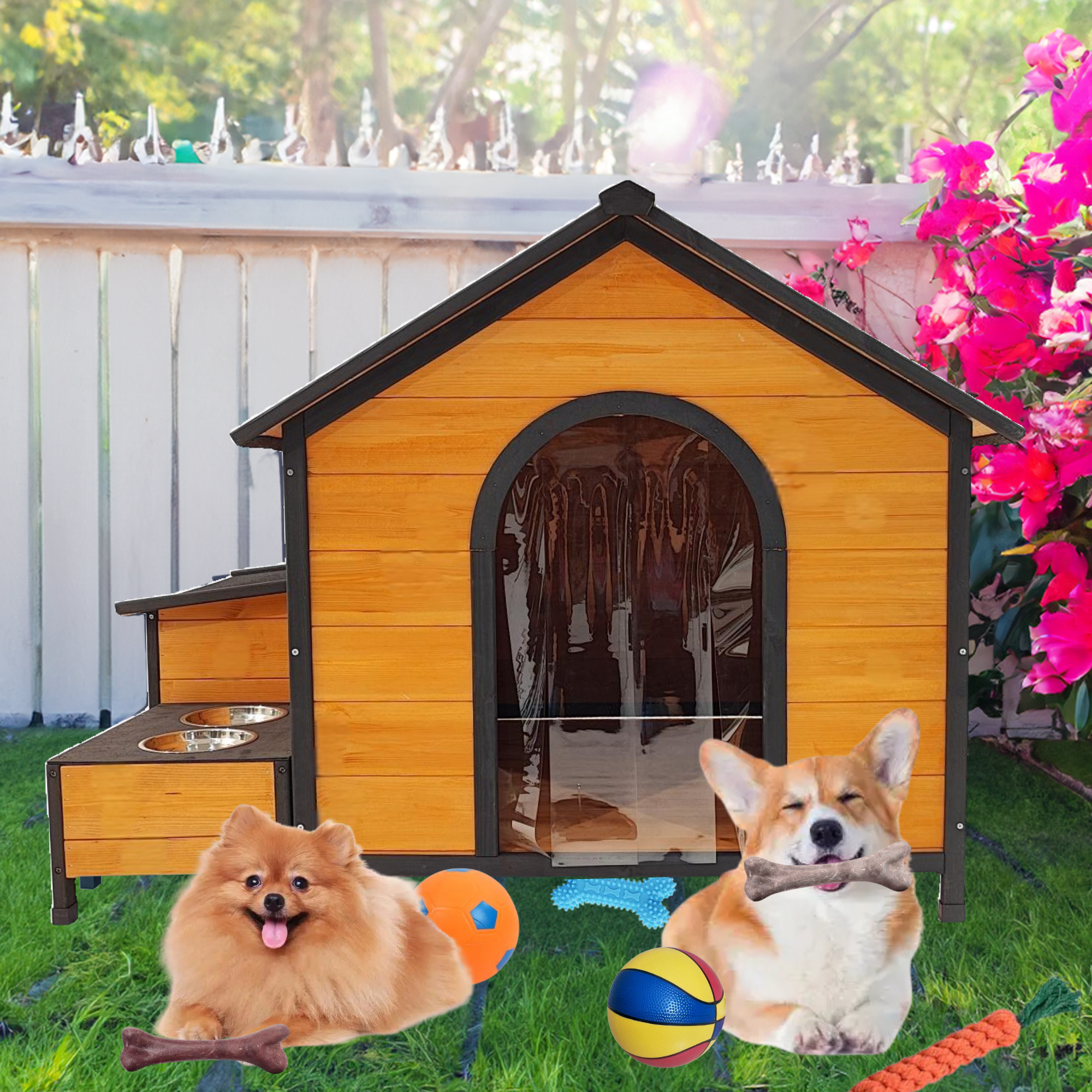 XPT088 Wearable and Strong Wooden Dog House with Metal Bowls and Toy Box, Natural, Solid Wood, 55.12 x 38.98 x 37.00 inches