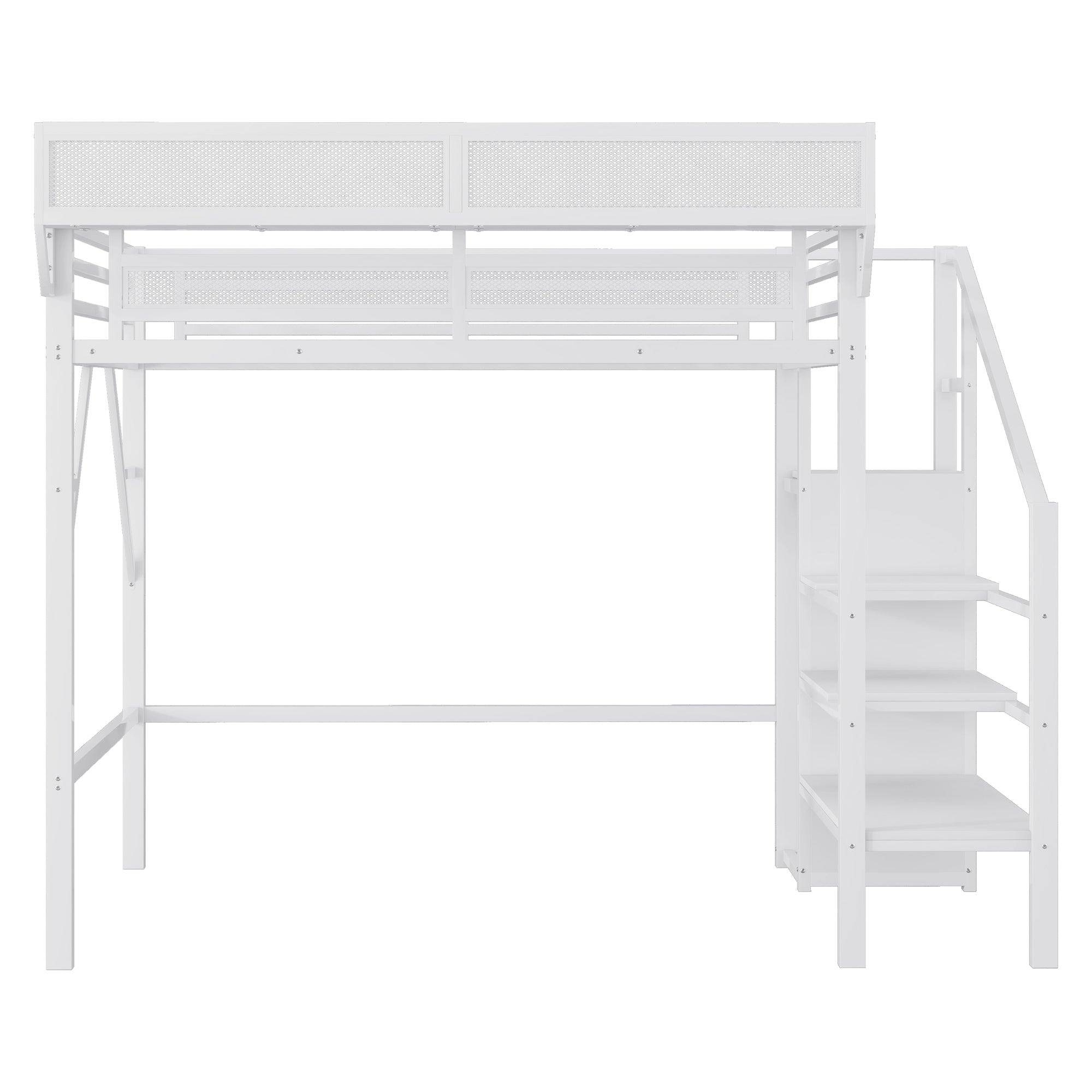 Twin XL Size Loft Bed with Stairs, Metal Full Loft Bed with Storage Shelves, High Loft Bed with Wardrobe for Kids Teens,White(Expect Arrival Date 2025/10/14)
