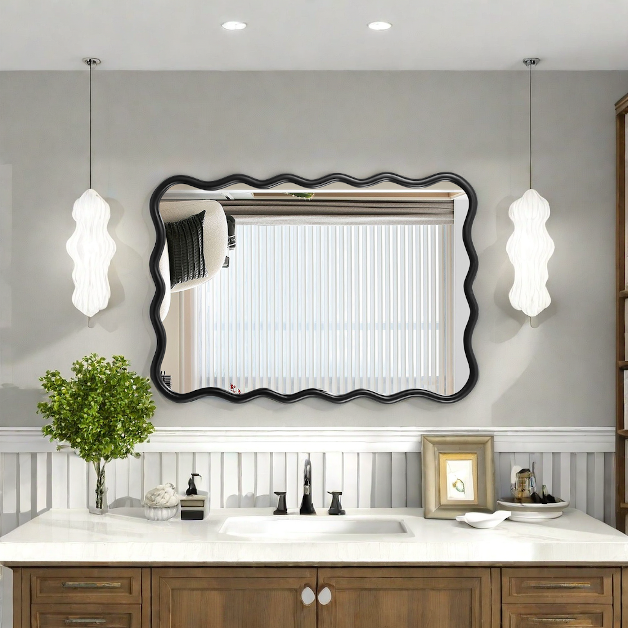 Solid Wood Wavy Rectangle Mirror-Black 40" x 28" Modern Mirror Wall Decor for Bathroom, Bedroom, Living Room, Dining Room, Cloakroom, Entryway