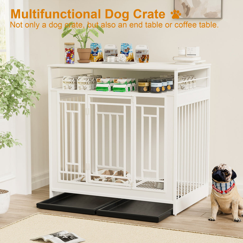 43.3 Inch Wooden Dog Crate Furniture with Divider and Storage, White