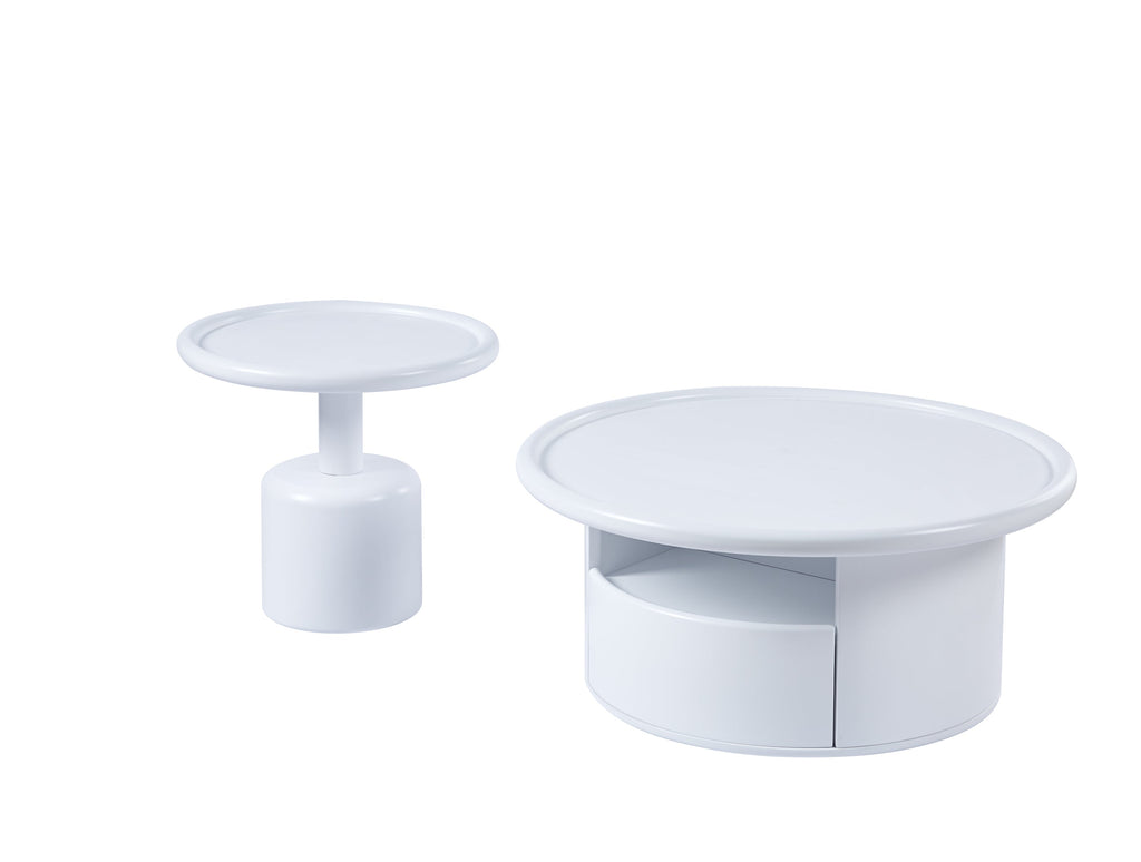 2 Pieces White MDF Round Coffee Table Set for Living Room, Bedroom