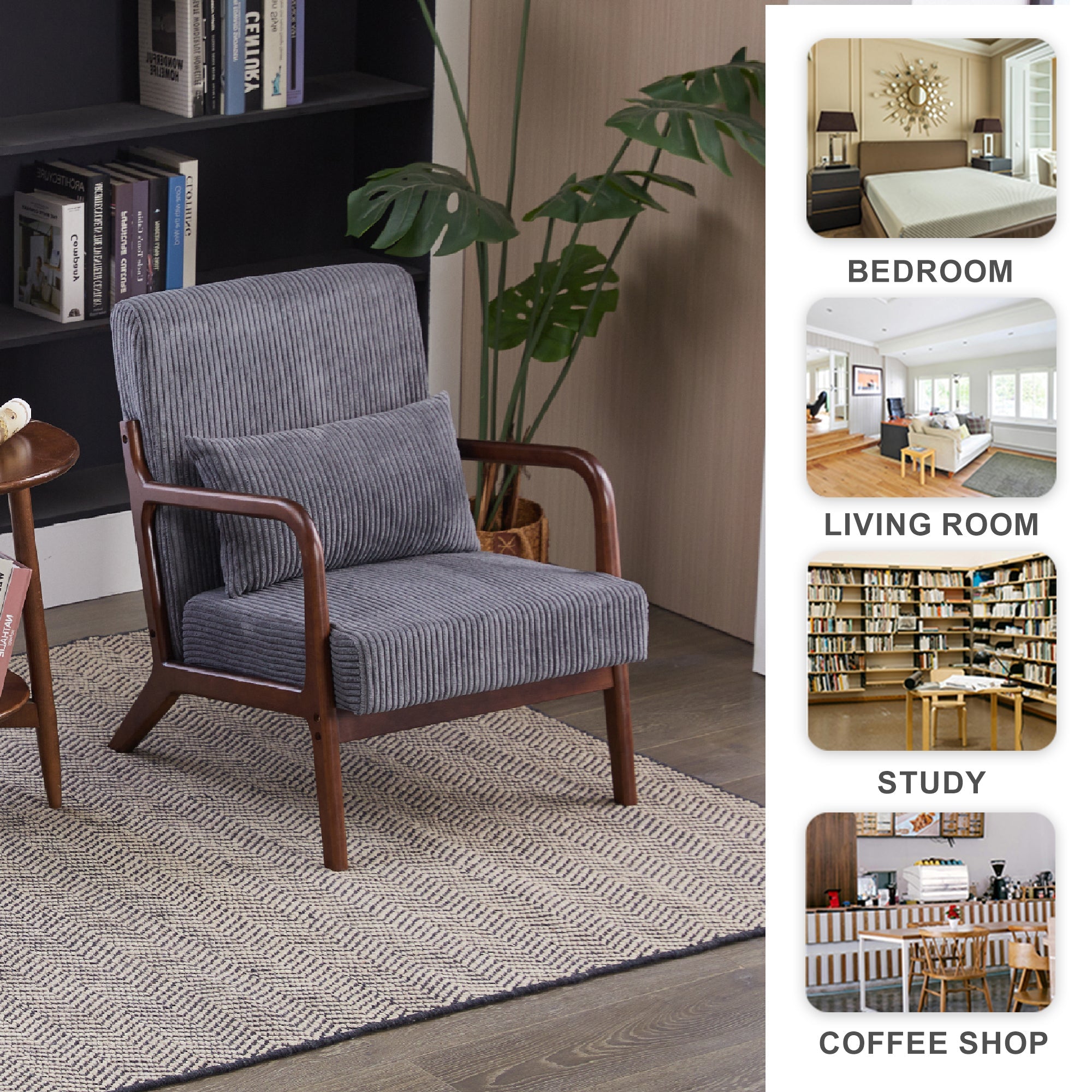 Mid-Century Modern Accent Chair with Pillow Upholstered in Antique Dark Grey Polyester and Solid Wood Frame(Antique Dark Grey)
