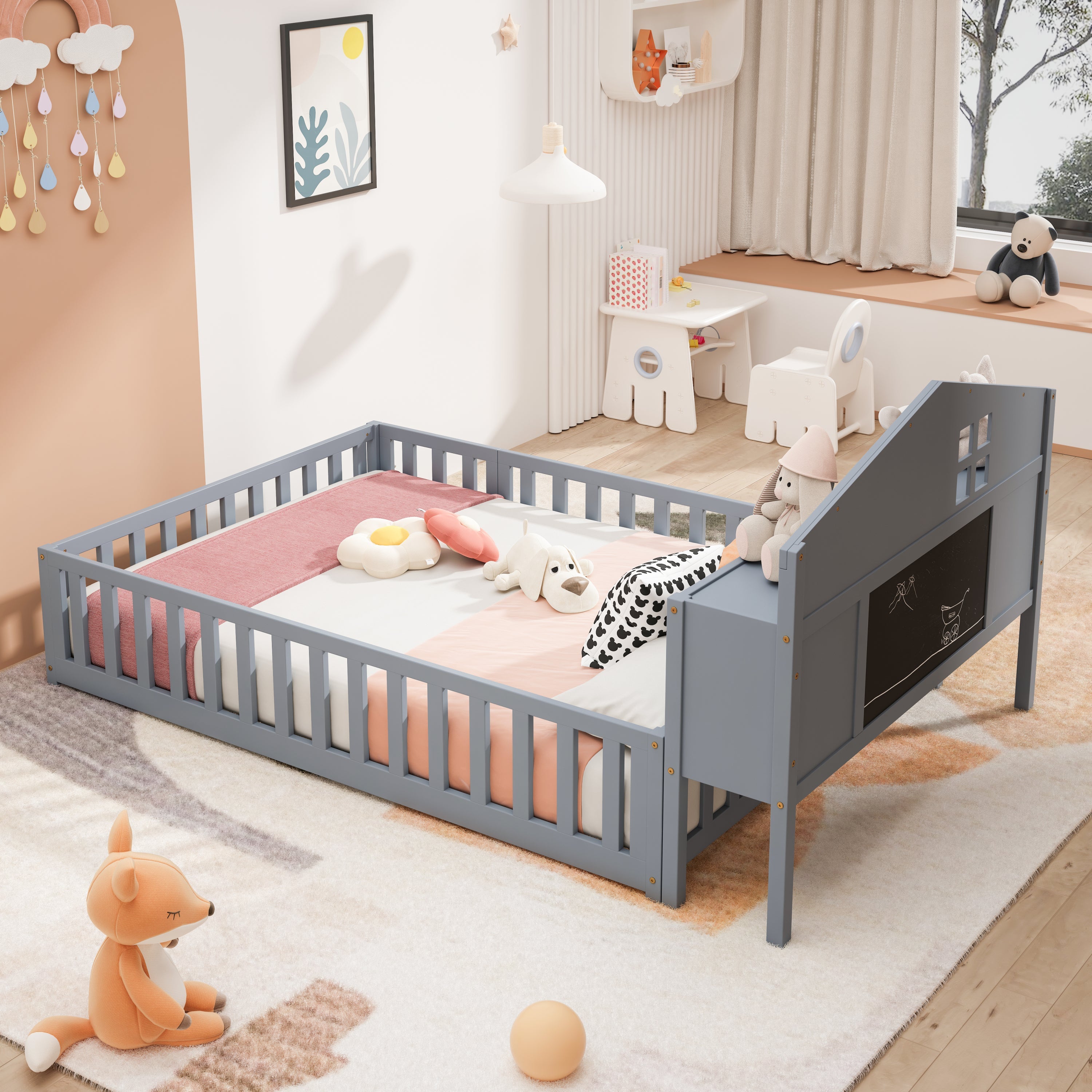 Full-size Montessori Floor Bed with Bookcases and Blackboards, Versatile Platform Beds with Guard rails, Solid Wood Floor Beds with Storage Headboards, Floor Beds for Kids and Teens Grey