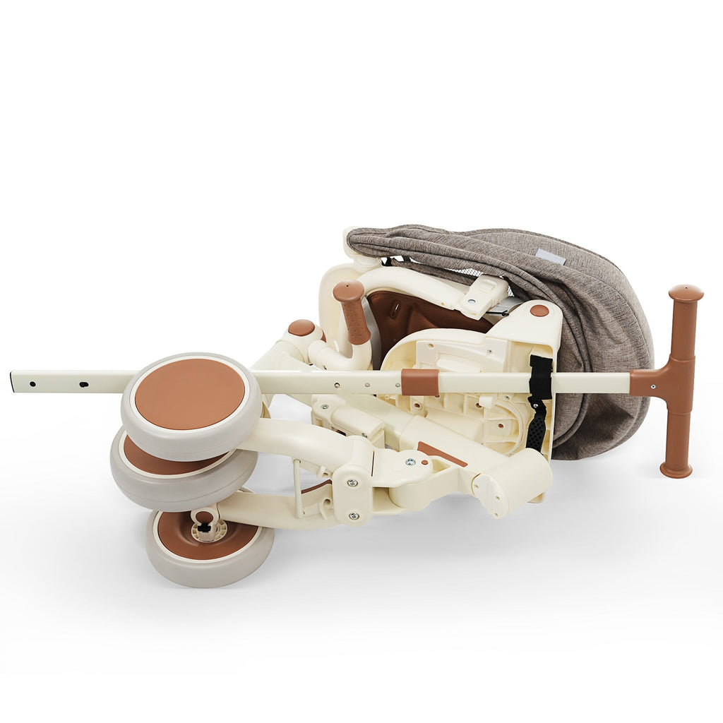 7 in 1 Baby Tricycle, Foldable Toddler Tricycle with Removable and Adjustable Parent Handle, Toddler Push Bike with Removable Pedal, Canopy, and Guardrail, Tricycle for 12-72 Months, ivory and brown