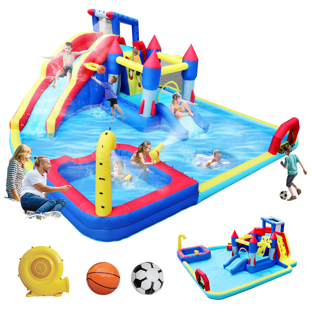 Inflatable 10 in1 slide water park  bouncing house garden with splash pool & water gun & basketball & climbing wall & dual pools & soccer